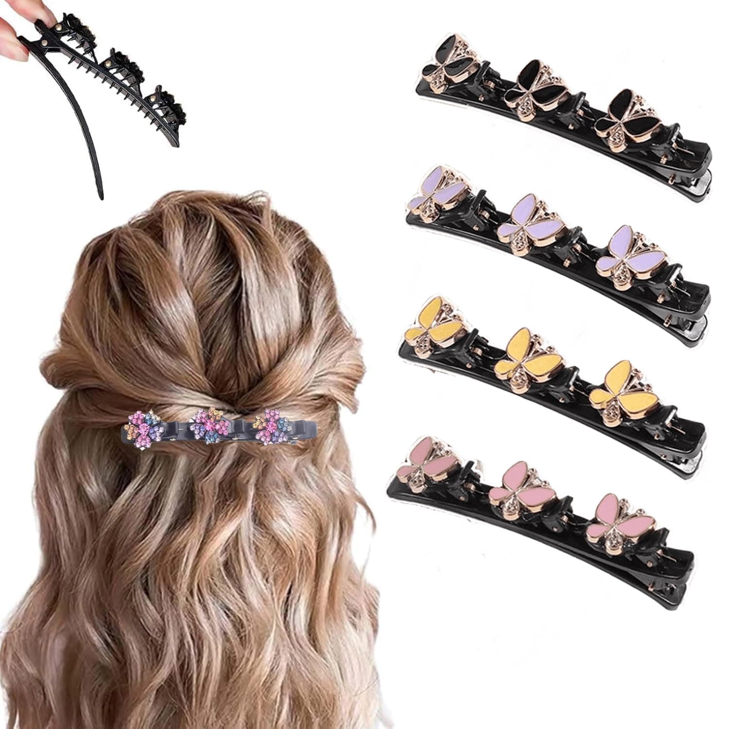 PreciRise 4 Pcs Sparkling Crystal Stone Braided Hair Clips, 2026 New Satin Fabric Hair Bands Rhinestone Four-Leaf Clover Hair Clip for Styling, Duck Bill Clips for Women Girls, Color