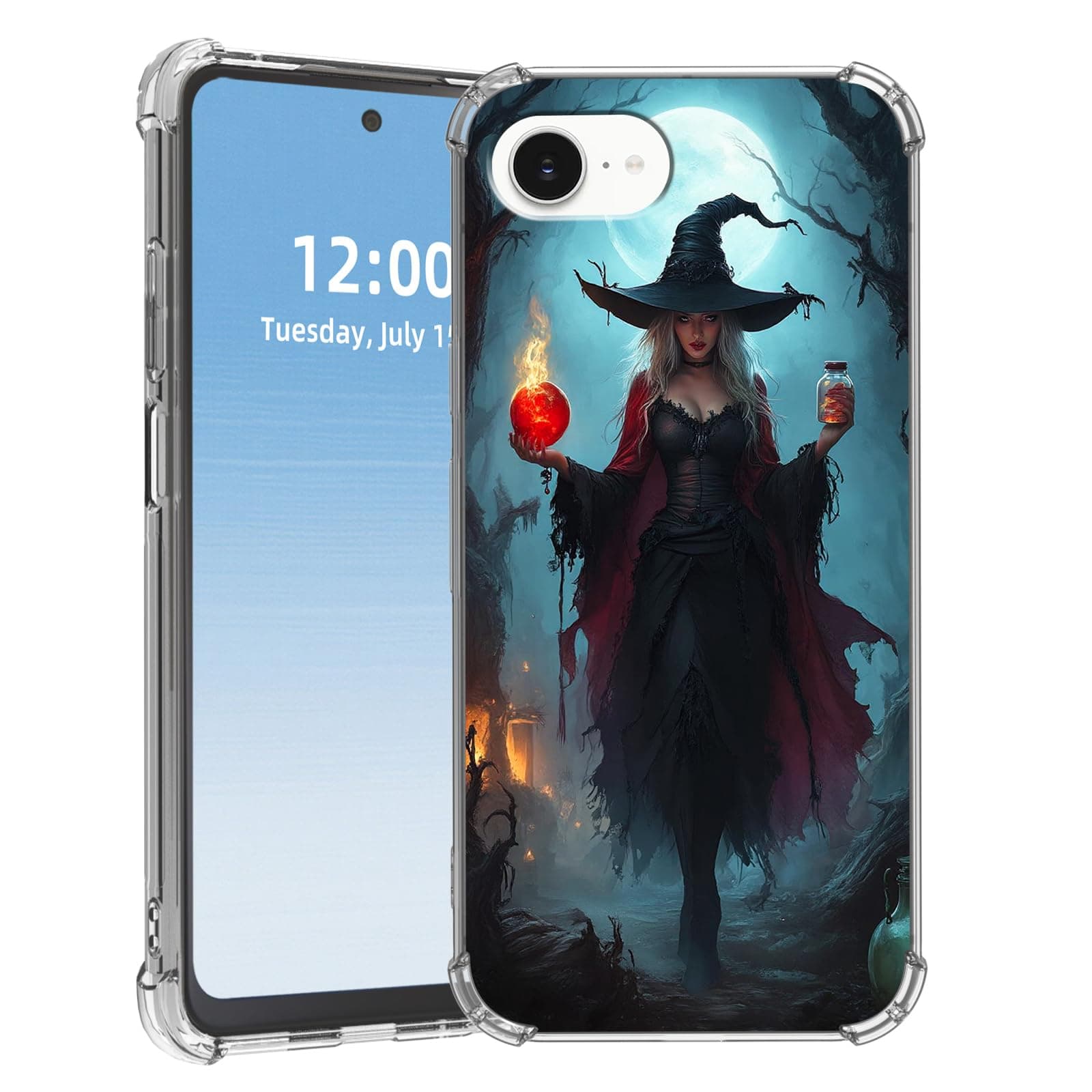 HGGJFLYX for iPhone 16E Case, Lightweight Slim Transparent Clear TPU Shockproof Four Corner Phone Case, Scratch-Resistant Full Body Protective Bumper Cover for iPhone 16E, Witch Under Moonlight
