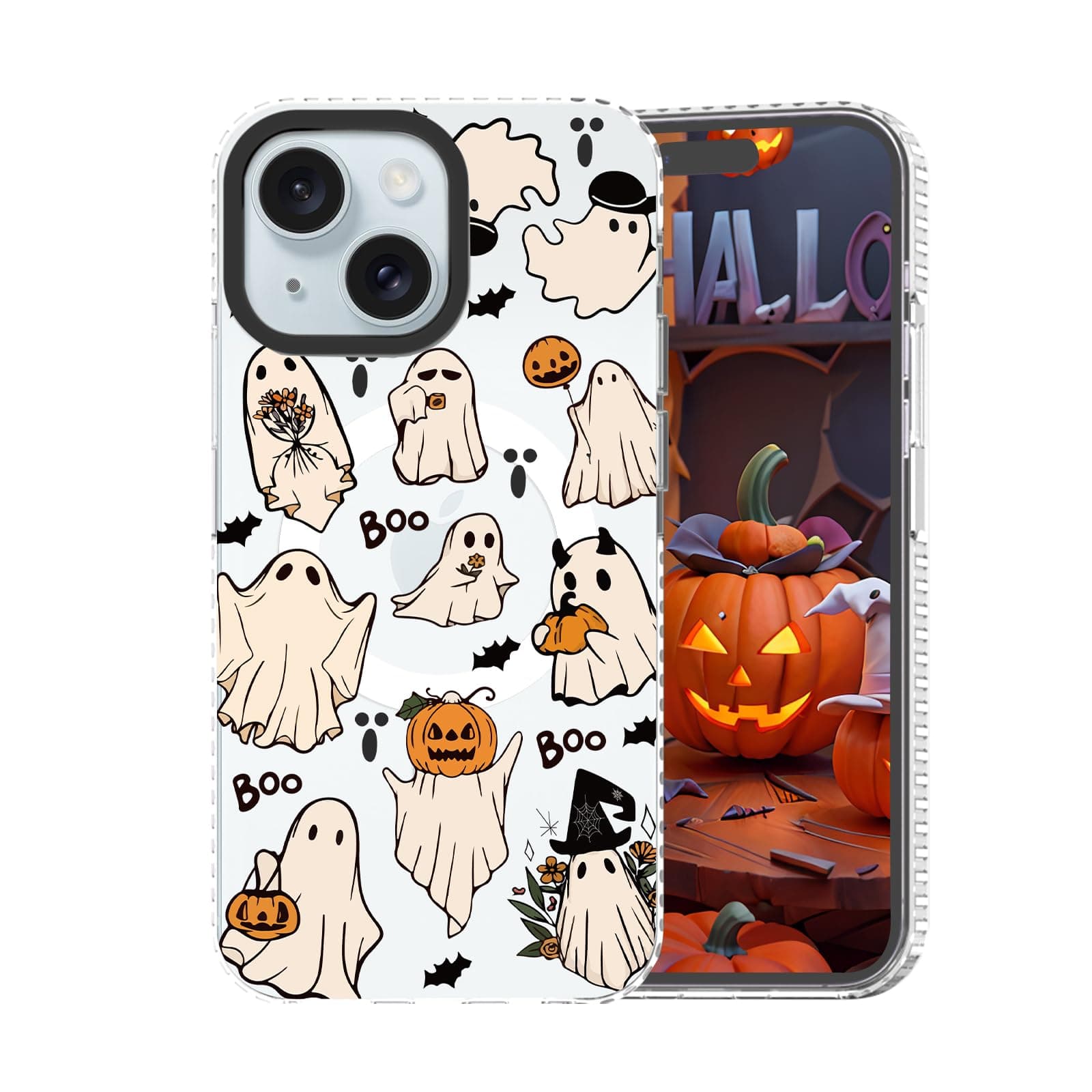 GUESNUY Halloween Case Compatible for iPhone,Aesthetic Cute Phone Cover Compatible with Magsafe,Clear TPU Funny Ghost Pattern Print Designed,Shockproof Bumper,Anit-Scratch (for iPhone 15 Pro)