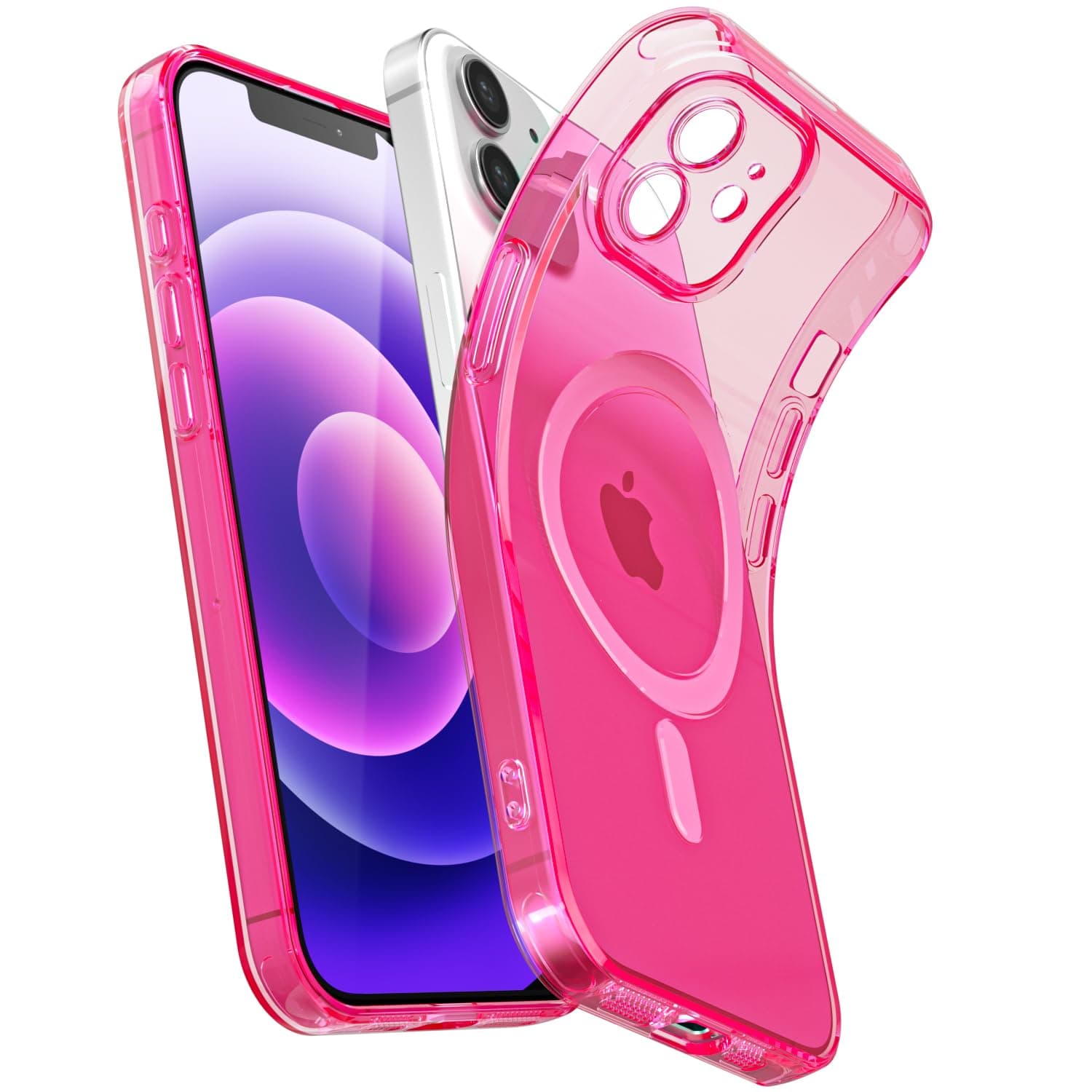 Svanove for iPhone 12 Mini Case Clear Magnetic, Compatible with Magsafe Slim Thin Transparent Mag Safe Case for Women Girl, Girly Cute Bright Fluorescent Soft Silicone with Camera Cover, Neon Hot Pink