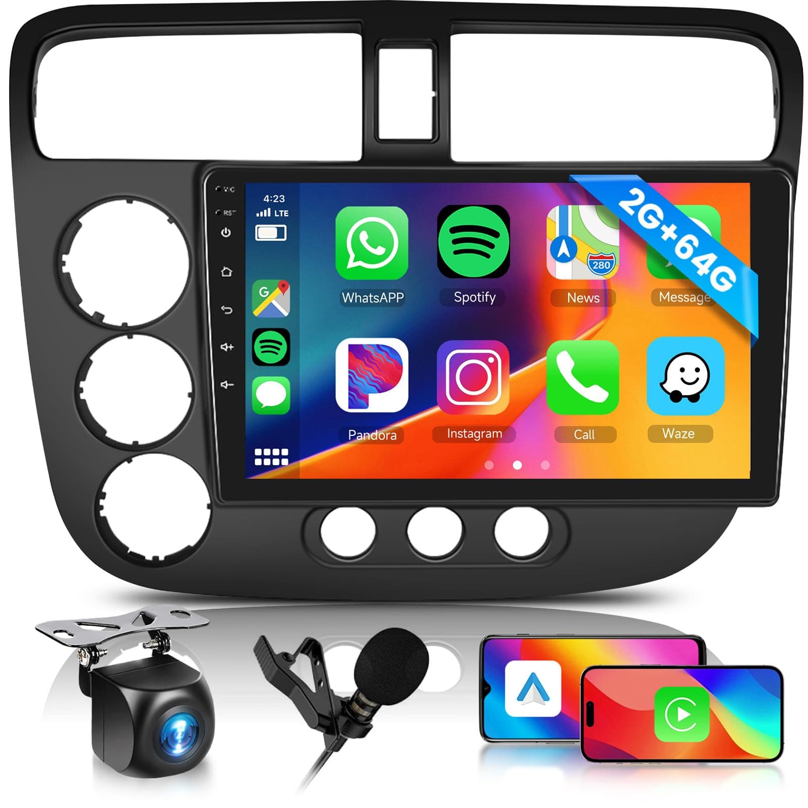 Hodozzy [2G+64G] Car Stereo for Honda Civic 2001-2005, Wireless Carplay Android Auto Mirror Link, 9 Inch Touch Screen Car Radio GPS,Bluetooth, WiFi, FM RDS Radio,BT/SWC/EQ,Camera