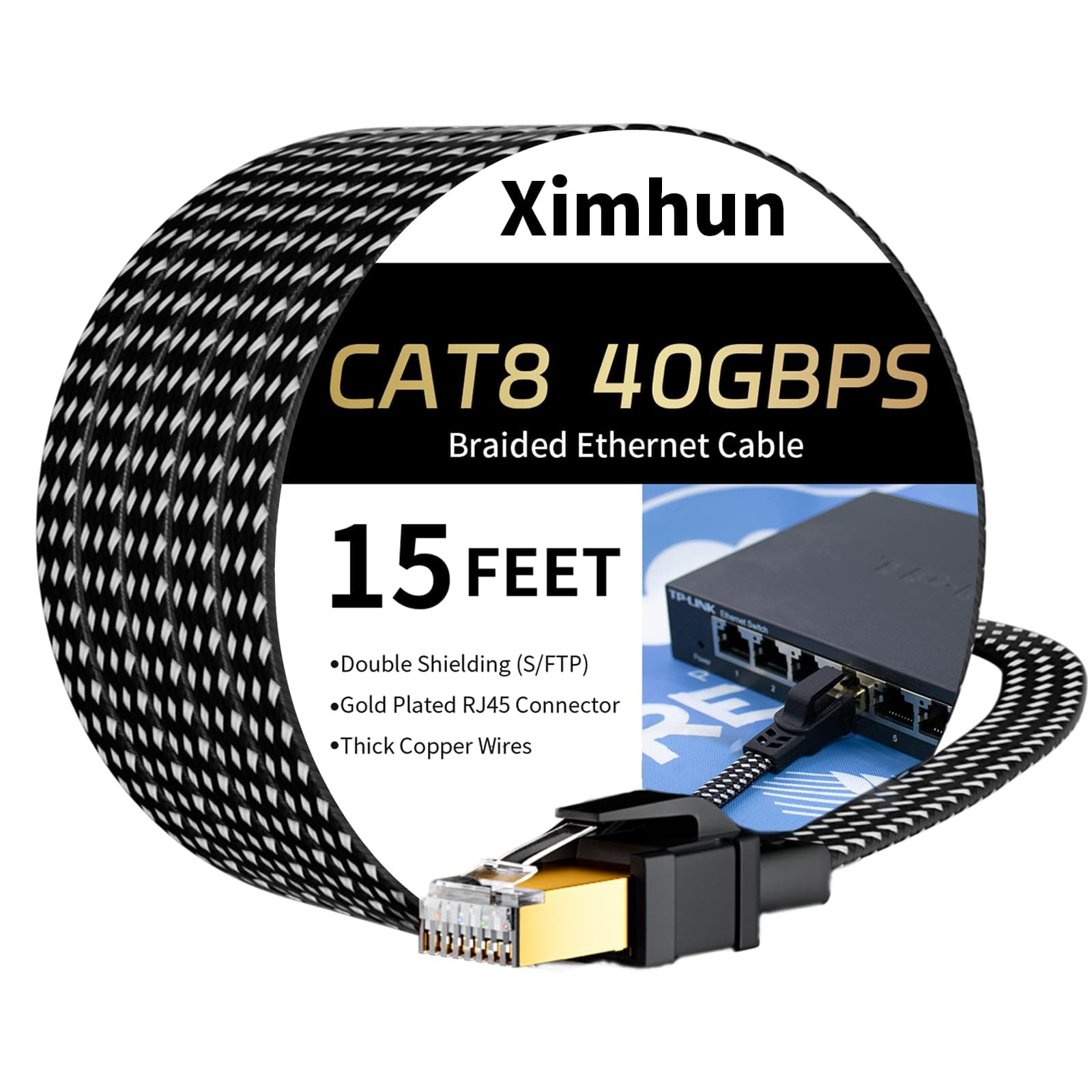 Ximhun Cat 8 Ethernet Cable 15 FT, High-Speed Braided Internet Cable Network Cord with RJ45 Connector 40Gbps 2000Mhz Heavy Duty LAN Cable Shielded Indoor