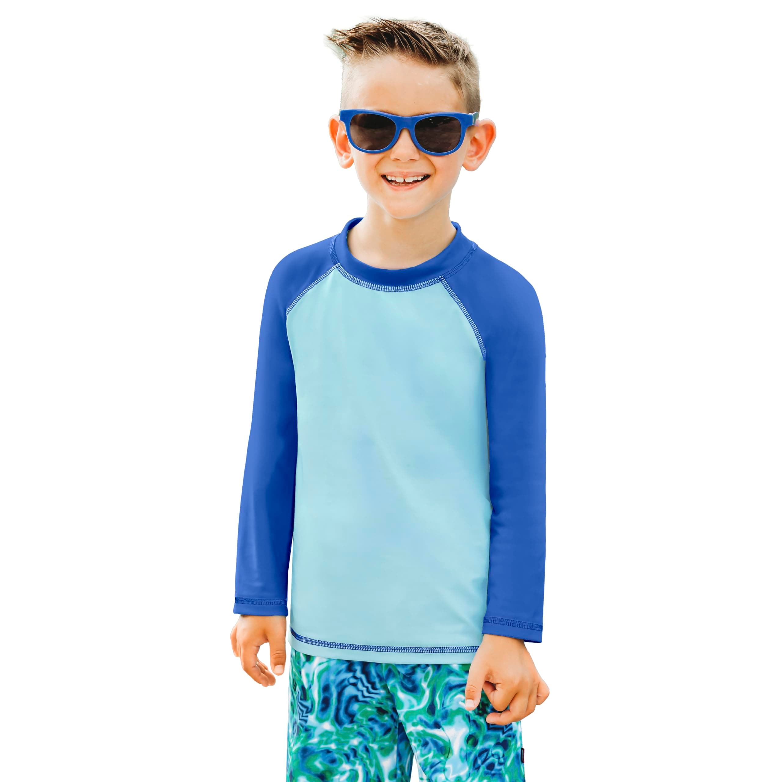 City Threads Boys Rashguard Swim Shirt UPF 50+ Soft Comfortable Durable Sun Protection Made in USA, Bright Light Blue with Royal Blue, 5Y