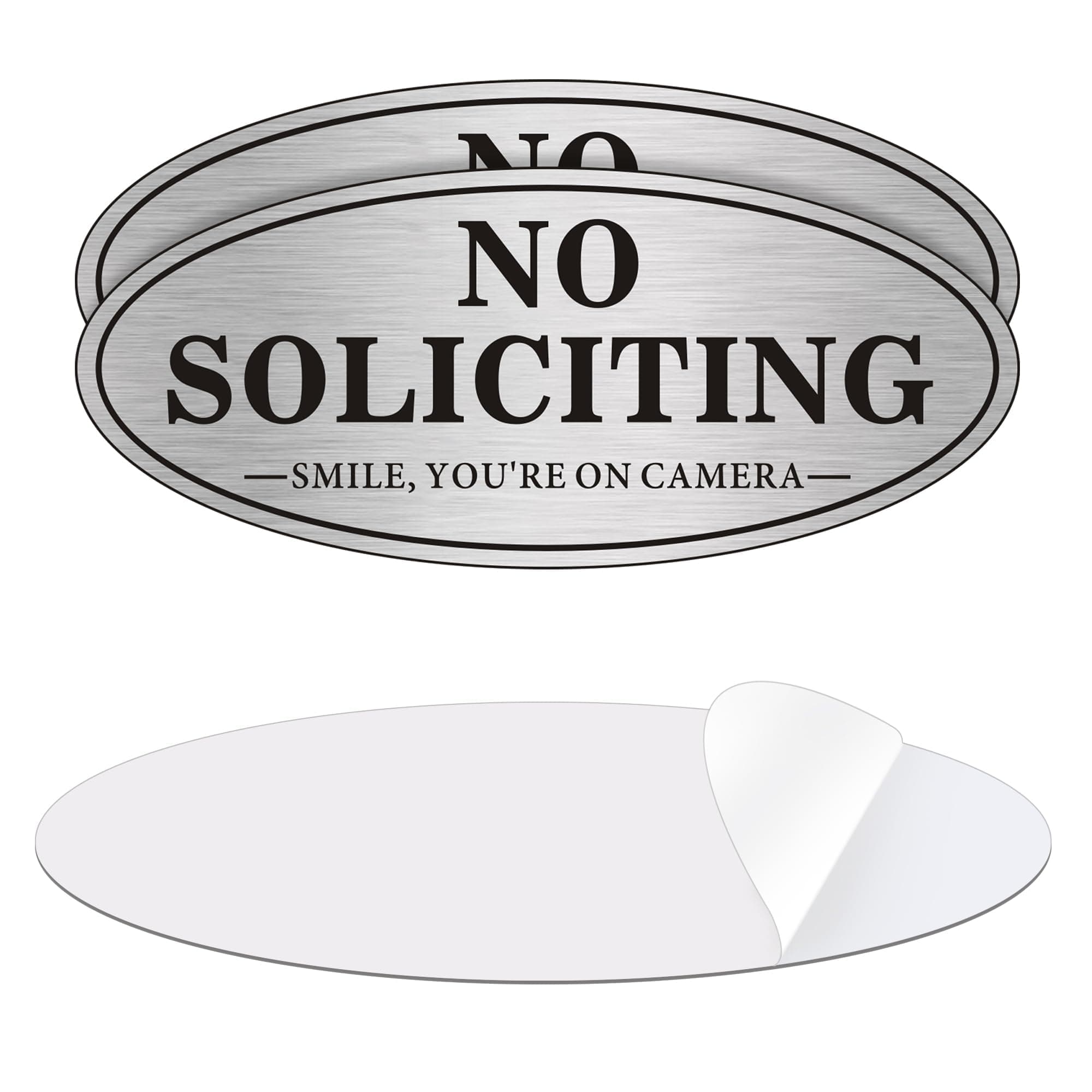 (2 Pack) No Soliciting Sign for House, Self Adhesive No Soliciting Sign for Front Door, No Solicitation Metal Sticker Signs for Home and Yard (Brushed Silver/Black, 7 x 3 inches, You're on Camera)