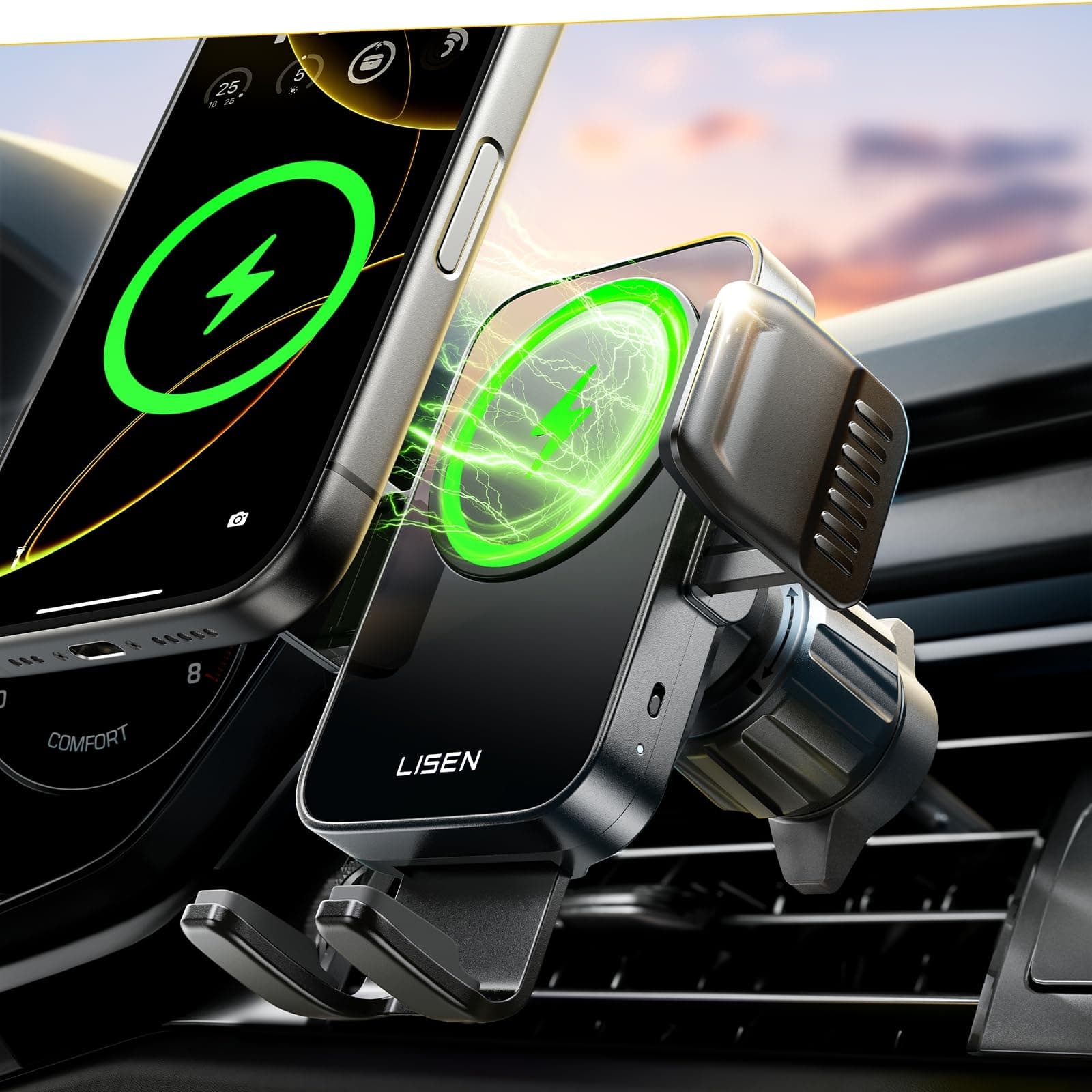 LISEN 15W for MagSafe Car Mount Charger【24 Strongest Magnets】 Phone Holder Car Magnetic Wireless Charger【360°】 Vent & Dashboard MagSafe Car Accessories Gifts Mom for iPhone 17 Pro 16 15 14 13