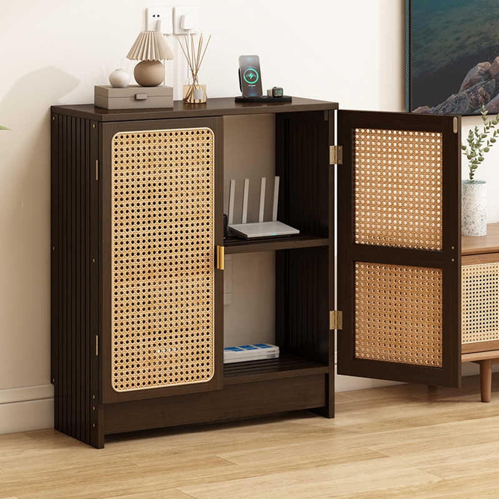 WiFi Router Storage Rattan Cabinet Hidden Box, Floor Freestanding Cabinets Organizer, Power Strip and Cable Management Hider Organizer for Home and Office(Dark Brown,80x50x25cm)