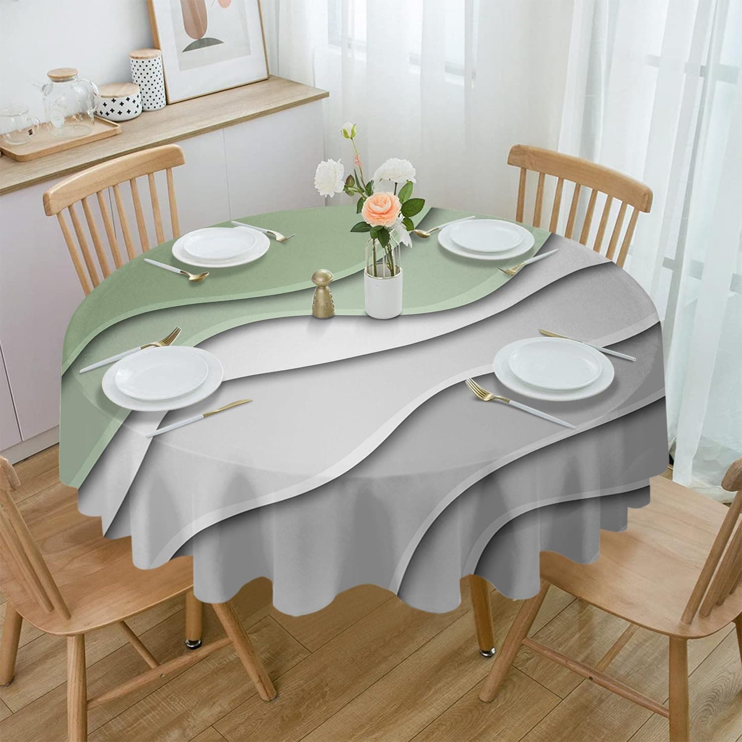 DecorLovee Sage Green Grey Ombre Round Tablecloth 54 Inch - Modern Abstract Waterproof Fabric Table Cloth Protector, Art Aesthetics Tablecloths Washable Table Cover for Kitchen Banquet Outdoor Party