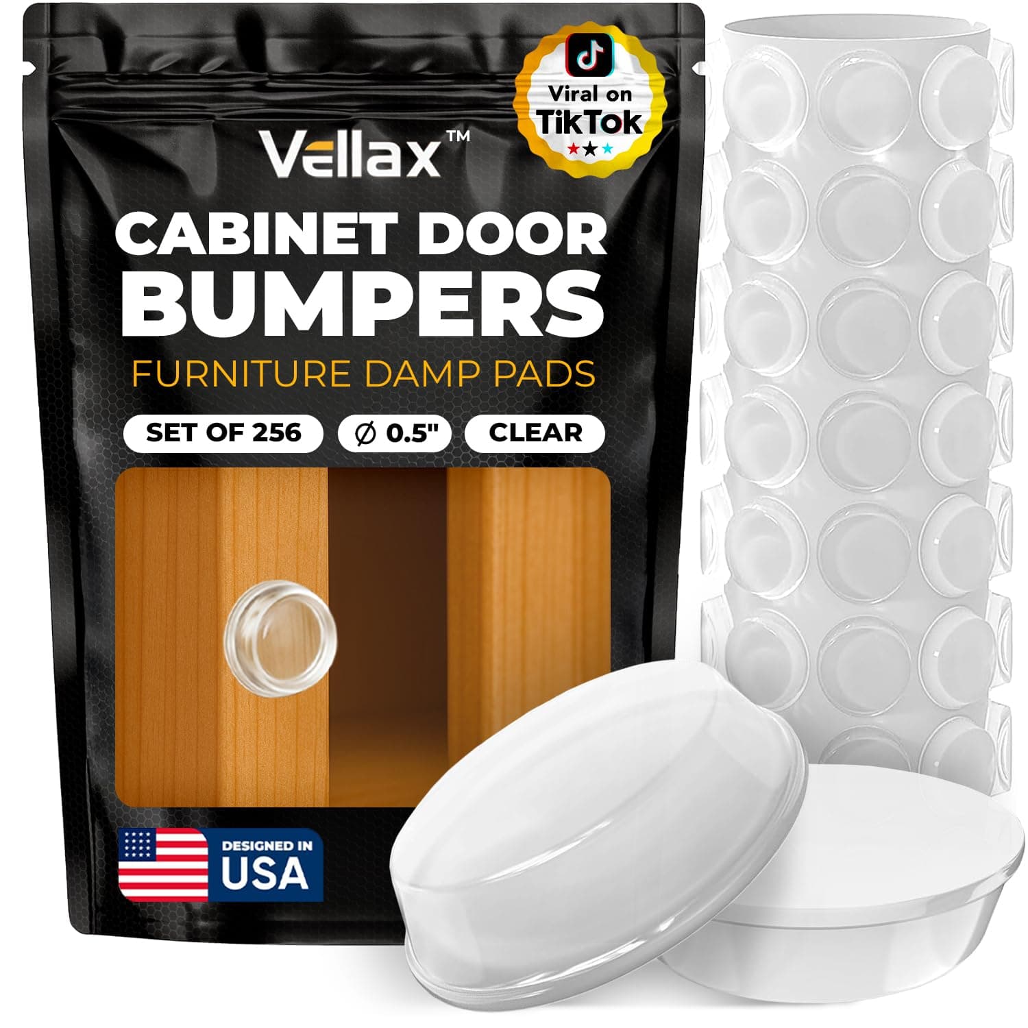 256 Clear Cabinet Door Bumpers - 1/2 Inch Self Adhesive Rubber Stoppers for Drawers, Damp Pads Cupboards, Cutting Boards, Glass Tops, Picture Frames - Vellax