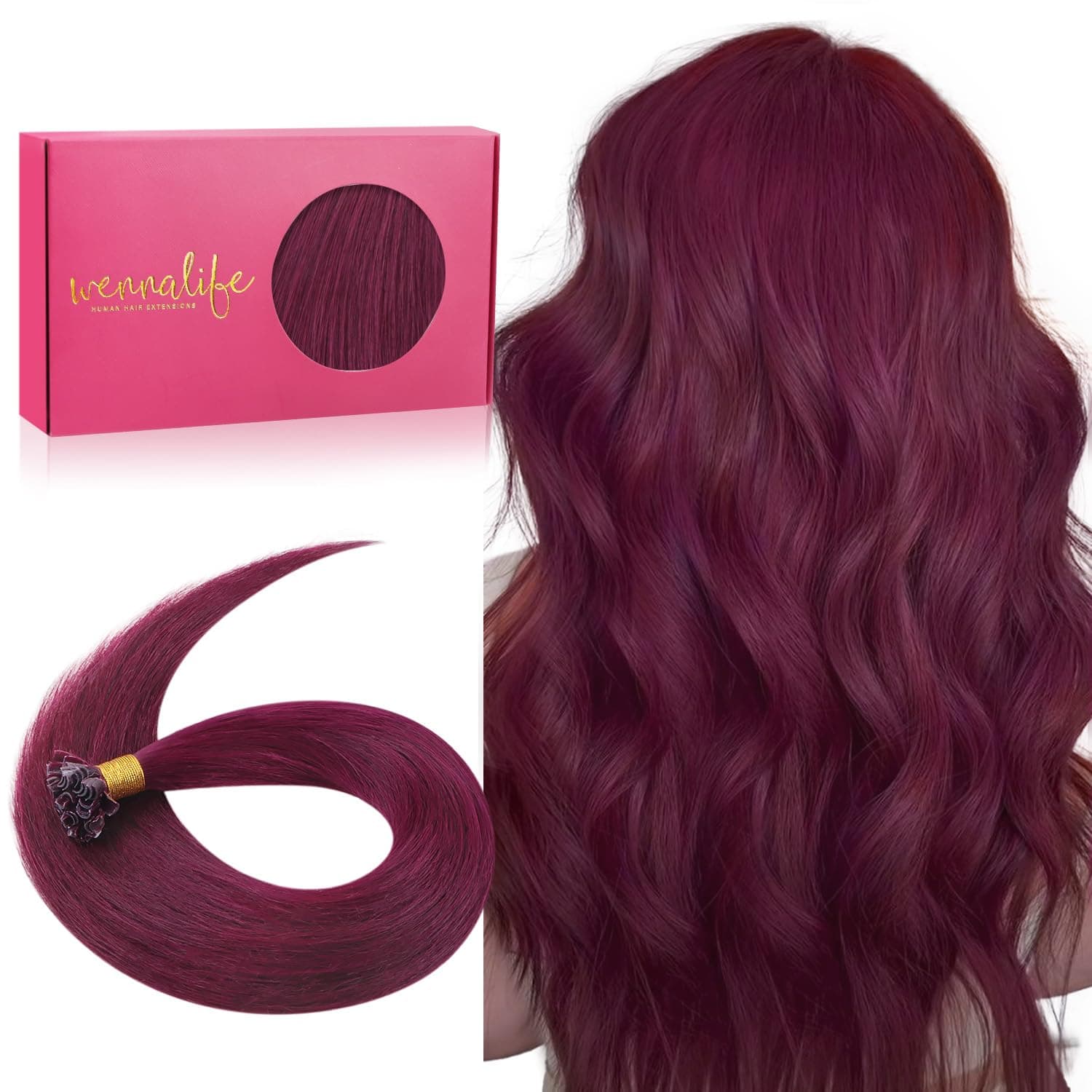 WENNALIFE U Tip Hair Extensions Human Hair, 50g 50s 16 Inch Light Burgundy Remy Hair Extensions K Tip Hair Extension Real Human Hair Invisible Straight Keratin Hair Extensions