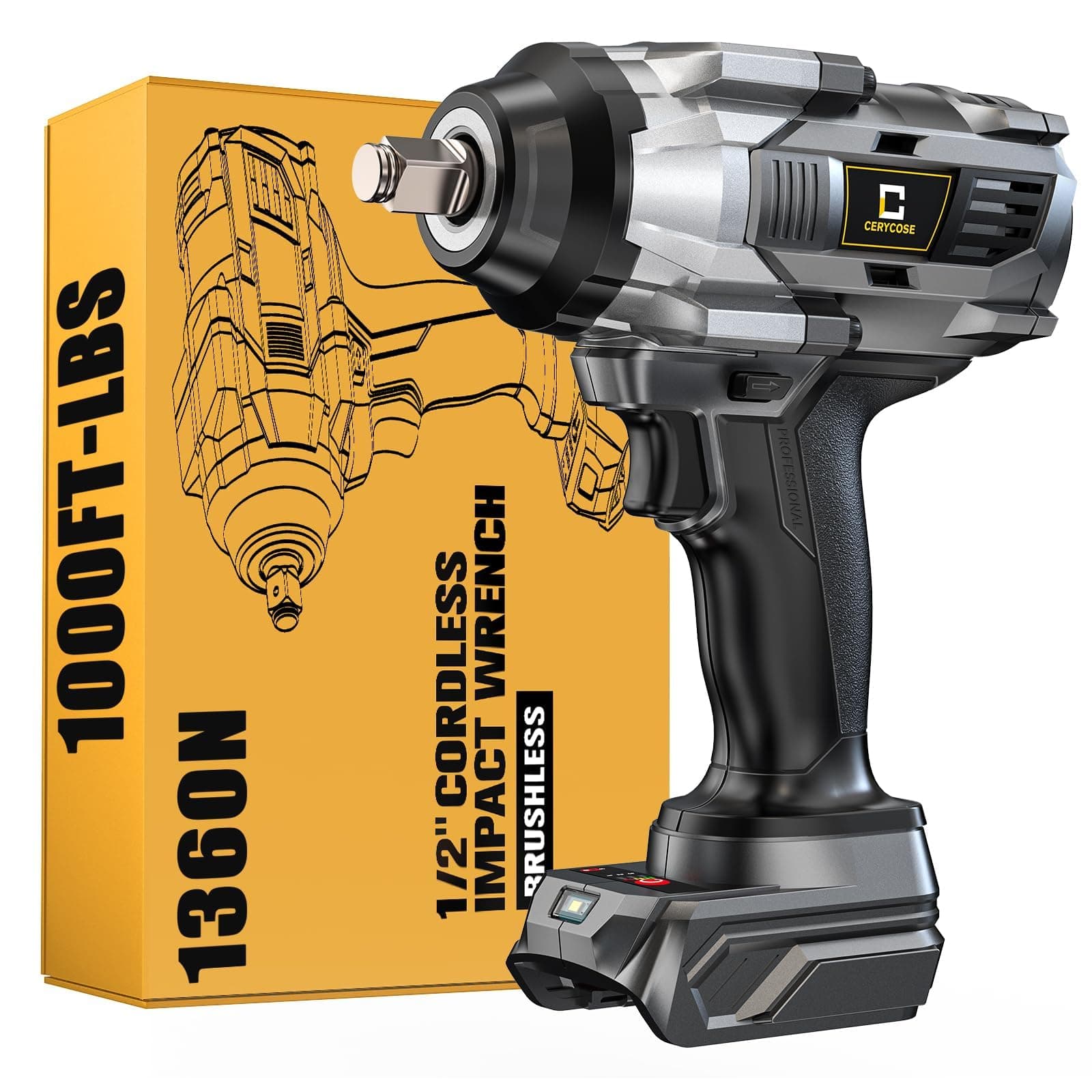 Cerycose Cordless Impact Wrench 1000FT-LBS Compatible with Dewalt Battery, 1/2 inch Brushless Electric 1360N.m Impact Gun Includes LED Work Light, High Torque Impact Driver