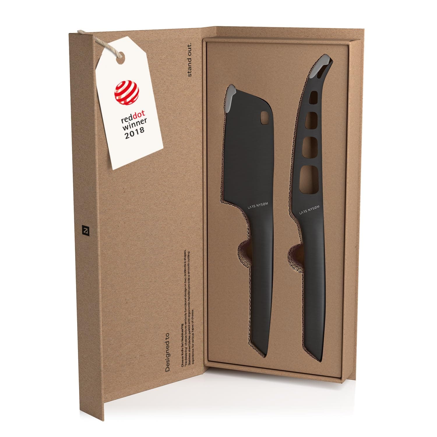 LARS NYSØM Cheese Knife Set Edge 2 pcs. I Cheese Knife Set Made of Stainless Steel I Premium Gift Box I Perfect as Christmas Gift (Carbon Black)