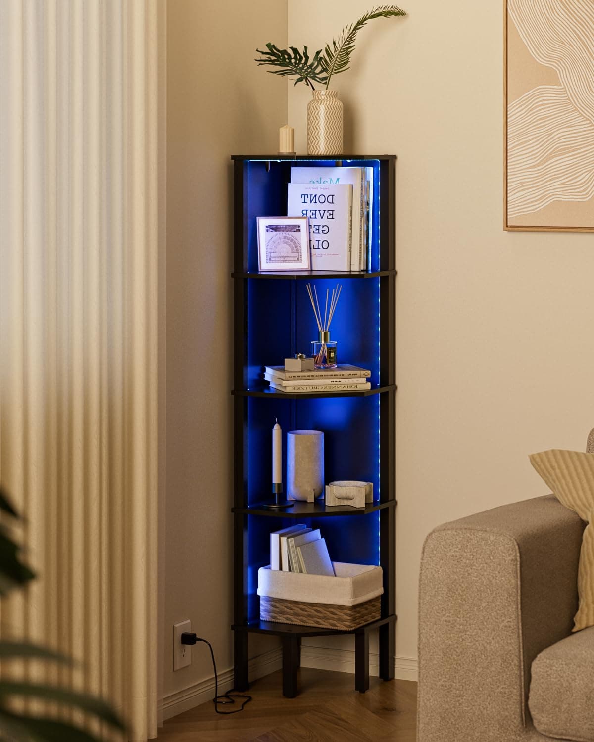 Apetaccat 5-Tier Corner Bookshelf with LED Lights, Corner Shelf Unit and Storage Bookcase for Bedroom, Living Room, Kitchen, Study, Black