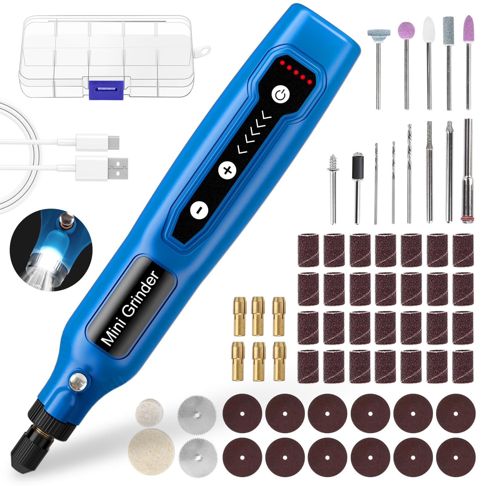 Cordless Mini Rotary Tool Set -5 Speed Multi-Purpose Rotary Tool Kit 5000-18000RPM 3.7V Rechargeable Engraving Pen with LED Light 64Pcs Accessories for DIY Craft Sanding Polishing Drilling Blue