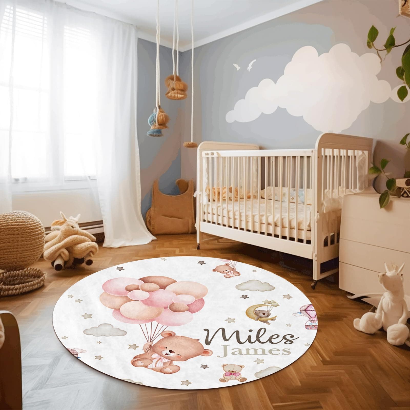 Duckbe Round Nursery Rug Personalized with Name, Custom Pink Rug for Girls Kids Soft Floor Area Rugs, Activity Crawling Play Mat for Baby Girls Toddlers Bedroom Pink Bear(2ft/24)