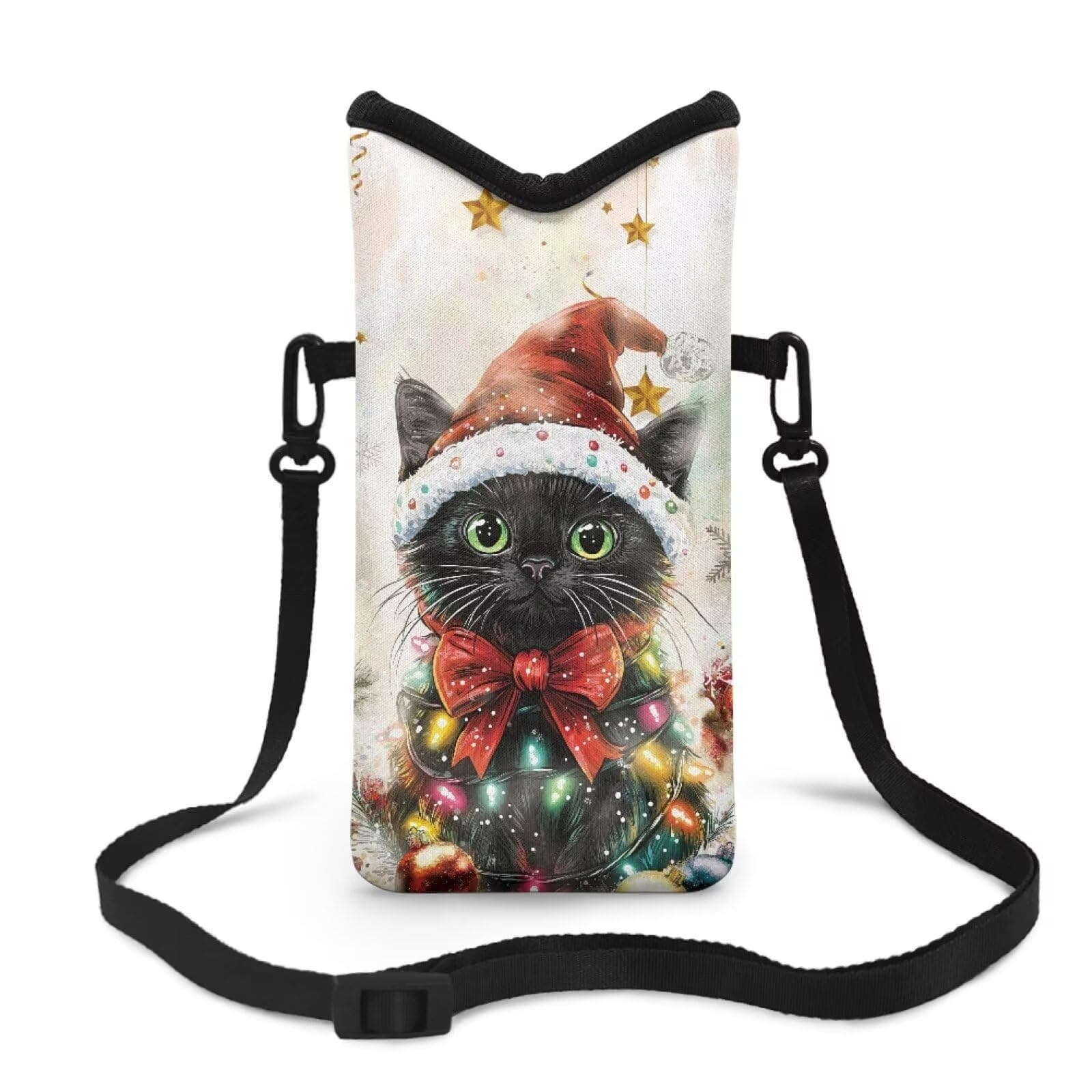 Suobstales Christmas Cat Bulb Pattern Neoprene Cell Phone Sleeve Phone Pouch with Adjustable Shoulder Strap for Women Men, Portable Crossbody Bag Phone Case Compatible for iPhone