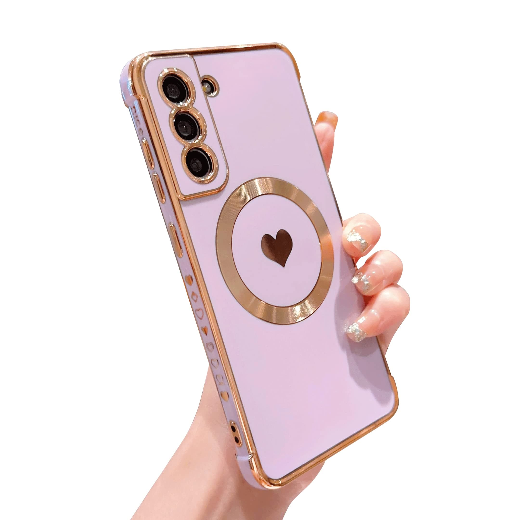 YYDSUNY Magnetic Case for Samsung Galaxy S21 FE 6.4" [ Compatible with MagSafe ] Cute Heart Case for Women Girls Luxury Plating Soft Bumper Full Camera Lens Protection S21 FE Cover (Light Purple)