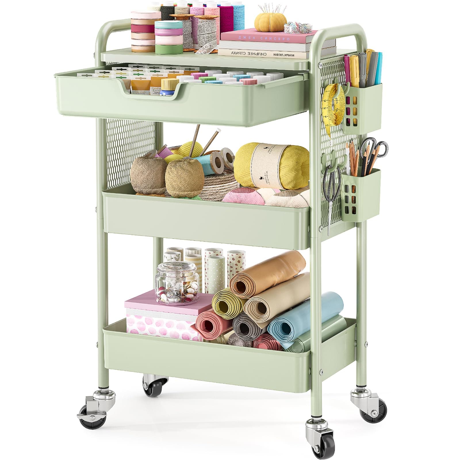 KINGBOARD 3 Tier Metal Rolling Cart with Drawer, Green Utility Storage Cart
