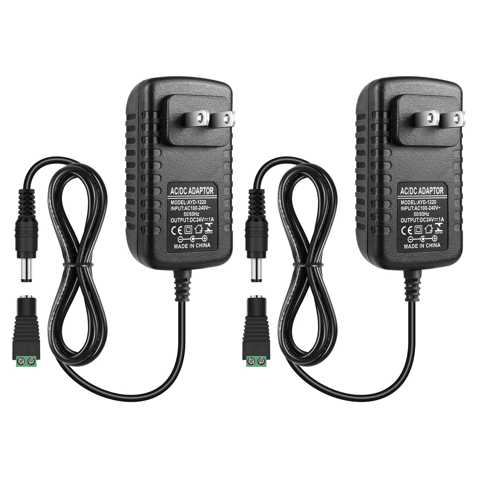 inShareplus 2 Pack 24V 1A 24W Power Supply, AC 100-240V to DC 24 Volt Regulated Adapter with 5.5mm x 2.1mm DC Plug, Low Voltage Transformer for Strip Lights and Modules