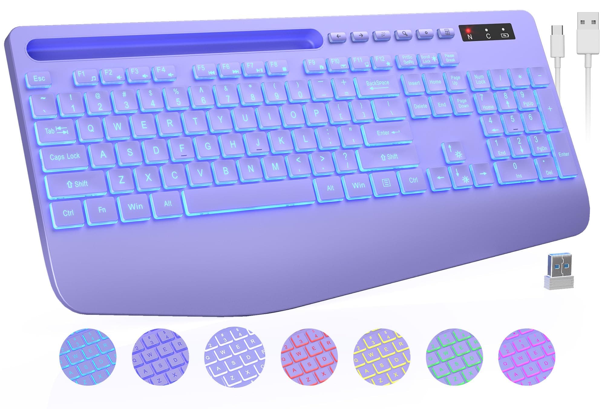 Wireless Keyboard with 7 Color Backlight, Wrist Rest, Phone Holder, Rechargeable Ergonomic Computer Keyboard with Silent Keys, Full-Size Illuminated Keyboard for Windows,