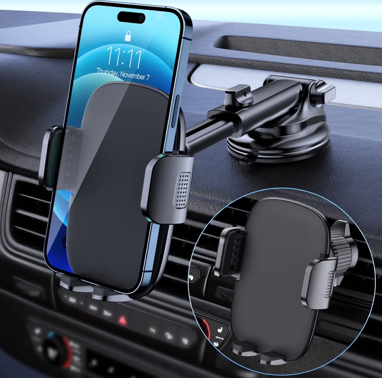 Qifutan Car Phone Holder Mount Phone Mount for Car Windshield Dashboard Air Vent Universal Hands Free Automobile Cell Phone Holder Fit for iPhone Smartphone Carbon Fiber