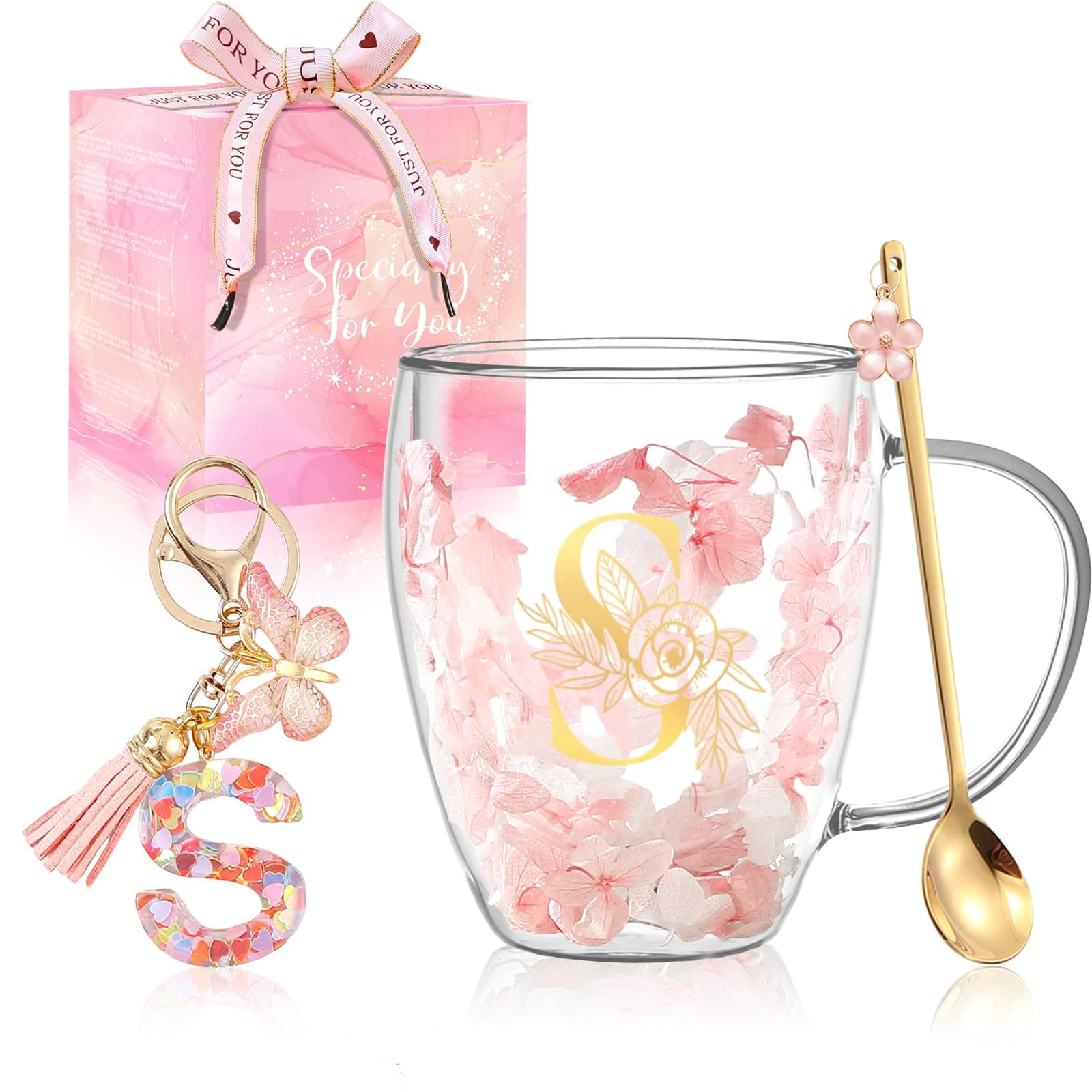 Gift for Women Cute Double Wall Glass Coffee Mug Tea Cup with Spoon Personalized Monogrammed Gift Birthday Christmas Valentine Mother's Day Christmas for Mom Wife Friends Stocking Stuffers (S)