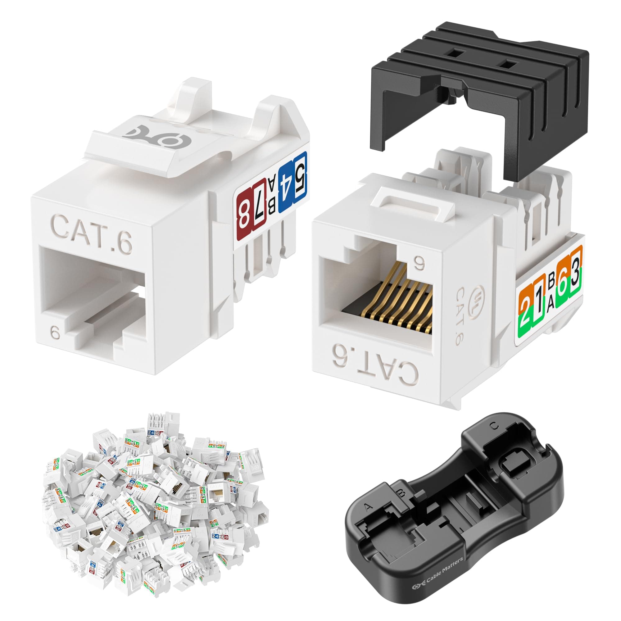 Cable Matters [UL Listed 25-Pack 10Gbps Rapid-Install Cat6 Keystone Jacks, Slim Profile RJ45 Keystone Jack with Punch-Down Stand, White (Model No. 180070)