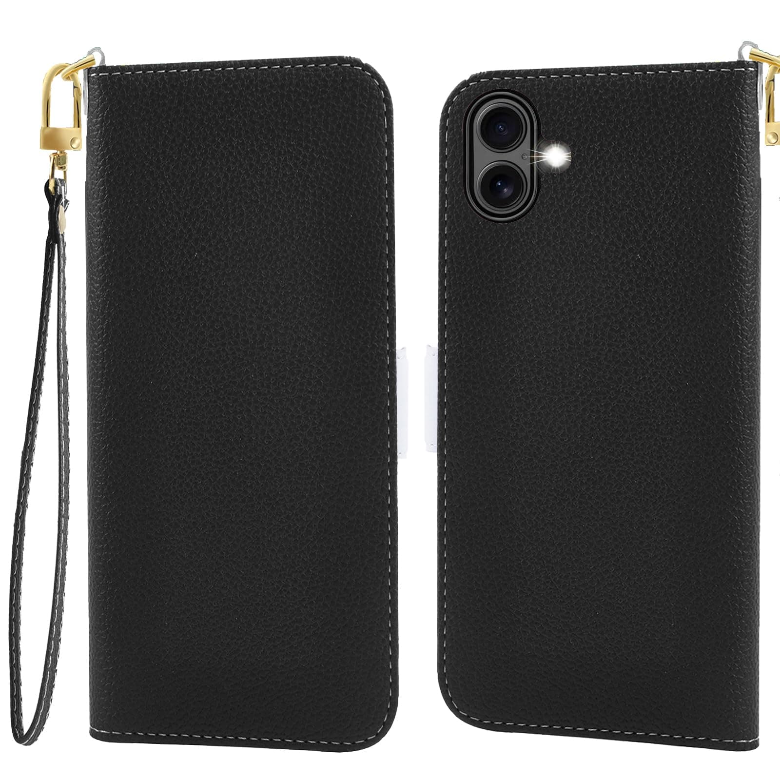 Jeffene Phone Case for iPhone 16 Plus (6.7 inch),Litchi Texture Leather Wallet Folio Magnetic Closure Flip Cover Case with Card Slots,Kickstand and Lanyards,Black