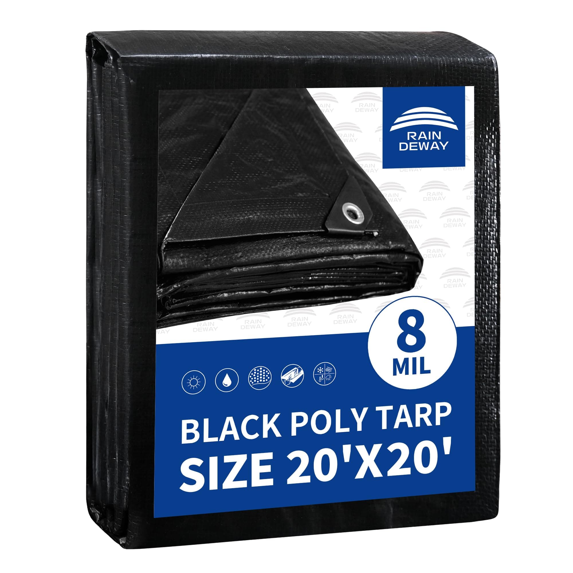 RAINDEWAY Black Tarp 20x20 Feet 8 Mil Waterproof Poly Tarps