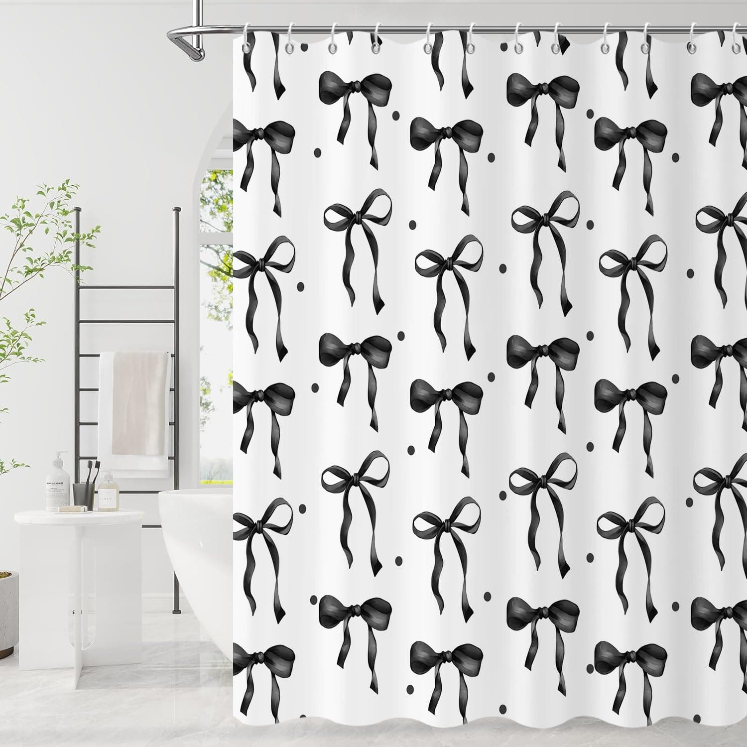 Caheansi Black Bow Shower Curtain, Black and White Modern Aesthetic Bowknot with Polka Dot Cute Girly Bathroom Curtain Waterproof Fabric Machine Washable with Hooks, 65" Wx72 L