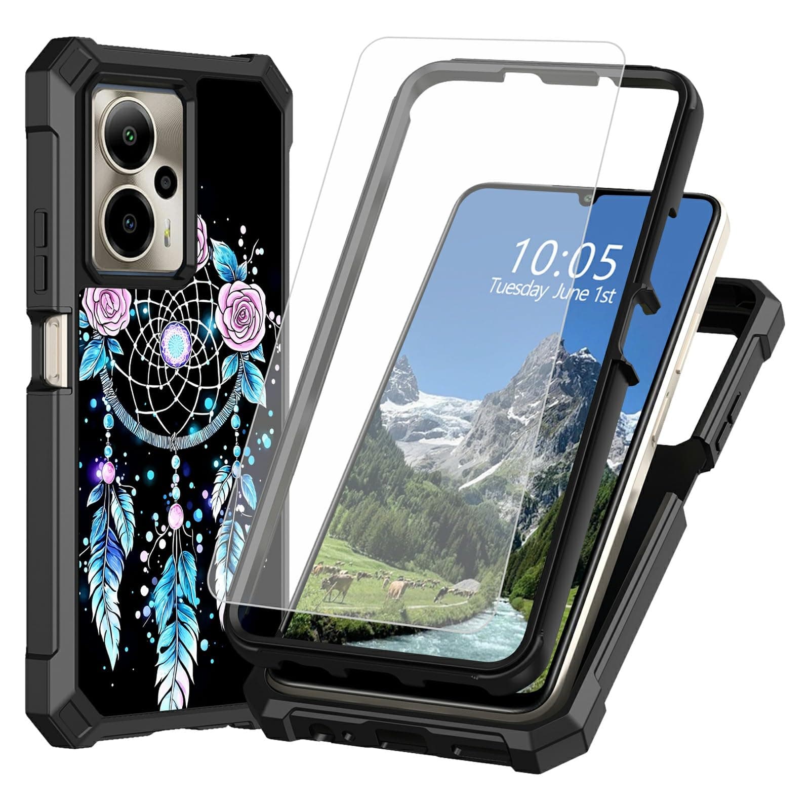DIGTIALL Case for Cricket Outlast 5G 2024/ATT Motivate Pro 6.72" with Tempered Glass Screen Protector,Dual Layer Heavy Duty Shockproof Protective Cover,Dreamcatcher Pink Roses