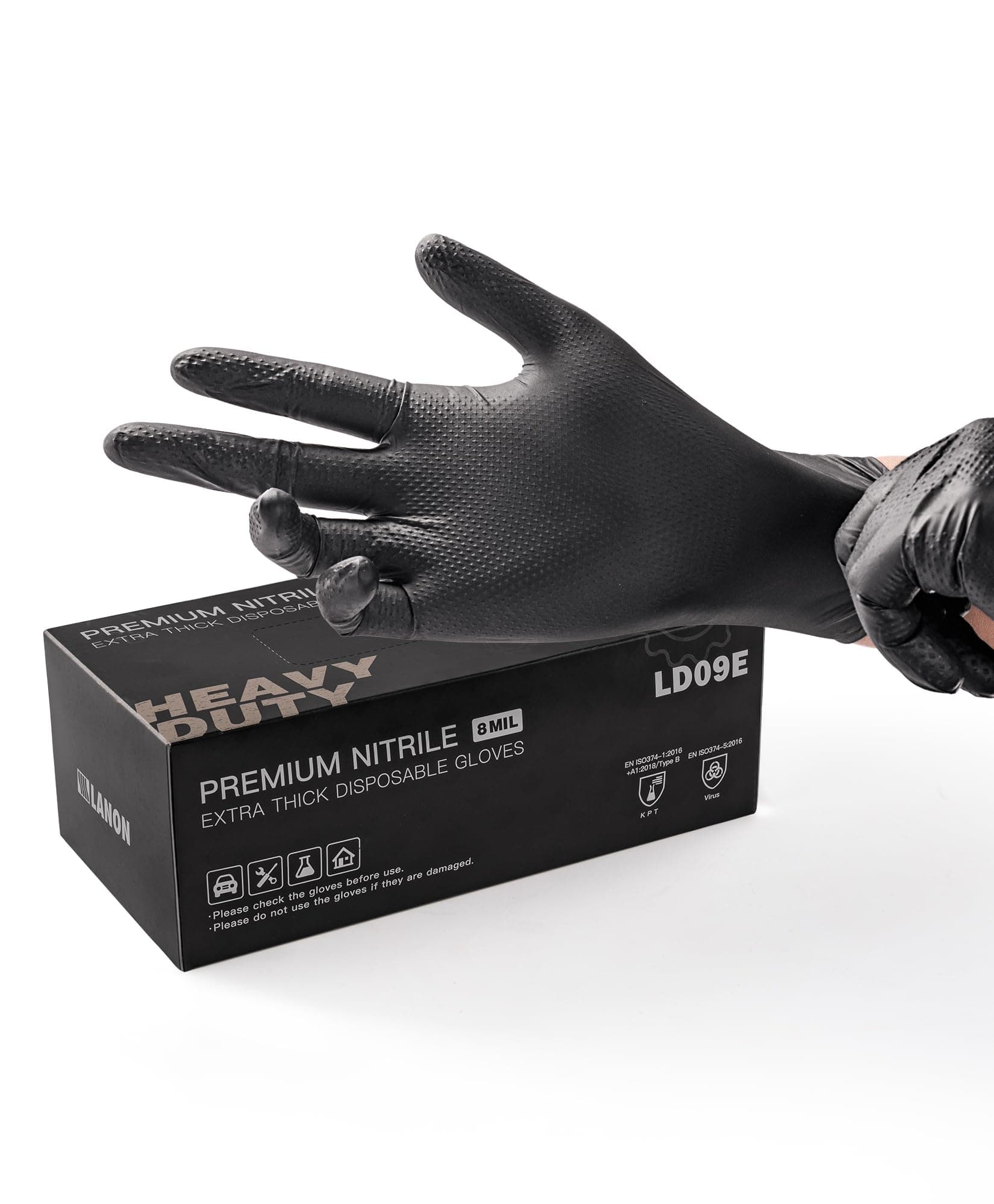LANON 8 Mil Heavy Duty Black Nitrile Gloves,Mechanic,Industrial,Large