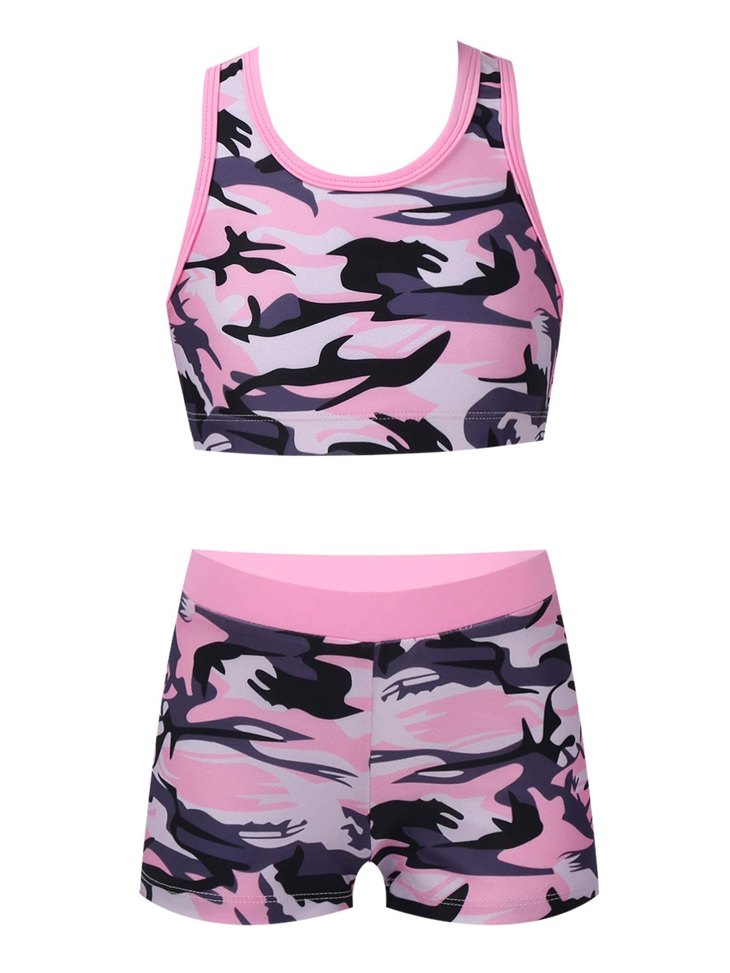 Miaeowve 2 Pieces Gymnastics Dance Outfit for Girls Racer Back Crop Top with Short Swimsuits Camouflage Pink 16 Years