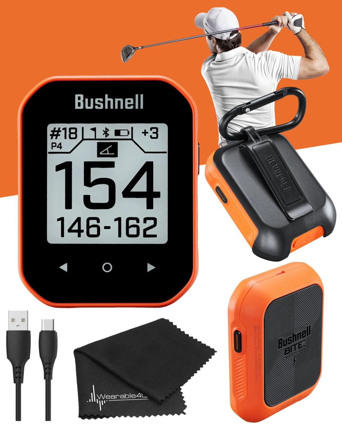 Bushnell Phantom 2 GPS Rangefinder Orange with BITE Magnetic Mount and GreenView with Wearable4U Lens Cleaning Cloth Bundle