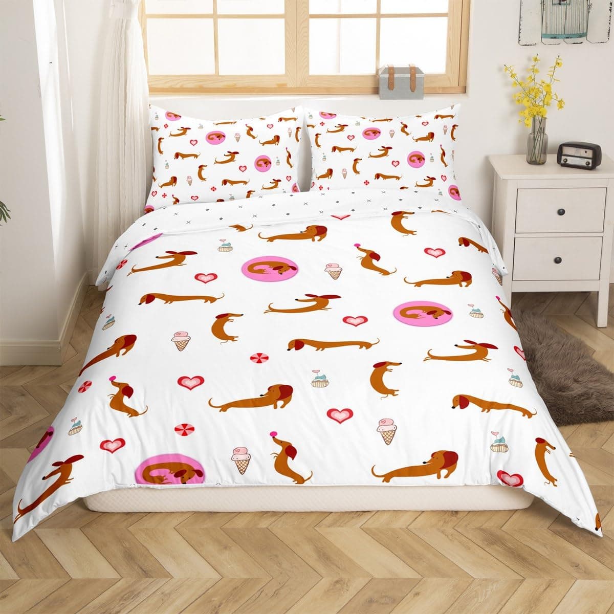 jejeloiu Kids Sausage Dog Bedding Set Toddler Size, Puppy Dog Duvet Cover Kids Dachshund Comforter Cover Teens Bedroom Decor 2Pcs with 1 Pillow Case (No Comforter)