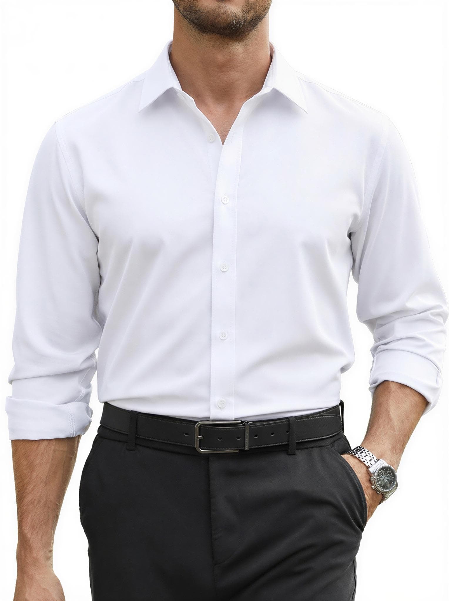 COOFANDY Mens Dress Shirts Long Sleeve Stretch Button Down Shirt Regular Fit Formal Business Shirts, A White, XX-Large