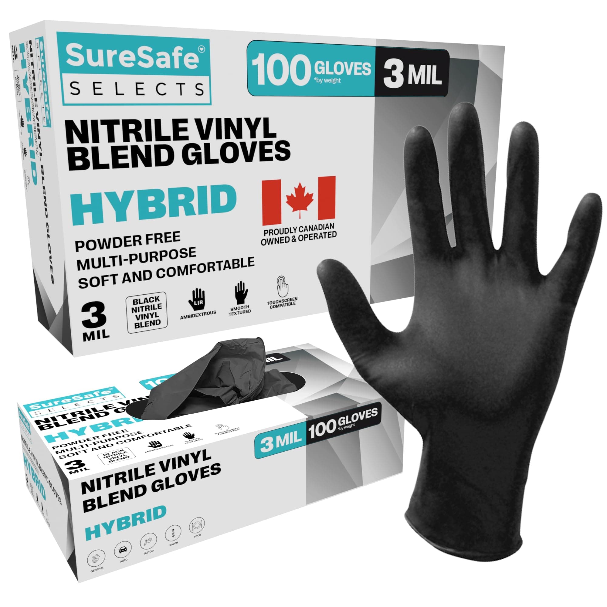 Black Vinyl Nitrile Gloves Large, 3 Mil Powder-Free Latex-Free, 100 Count