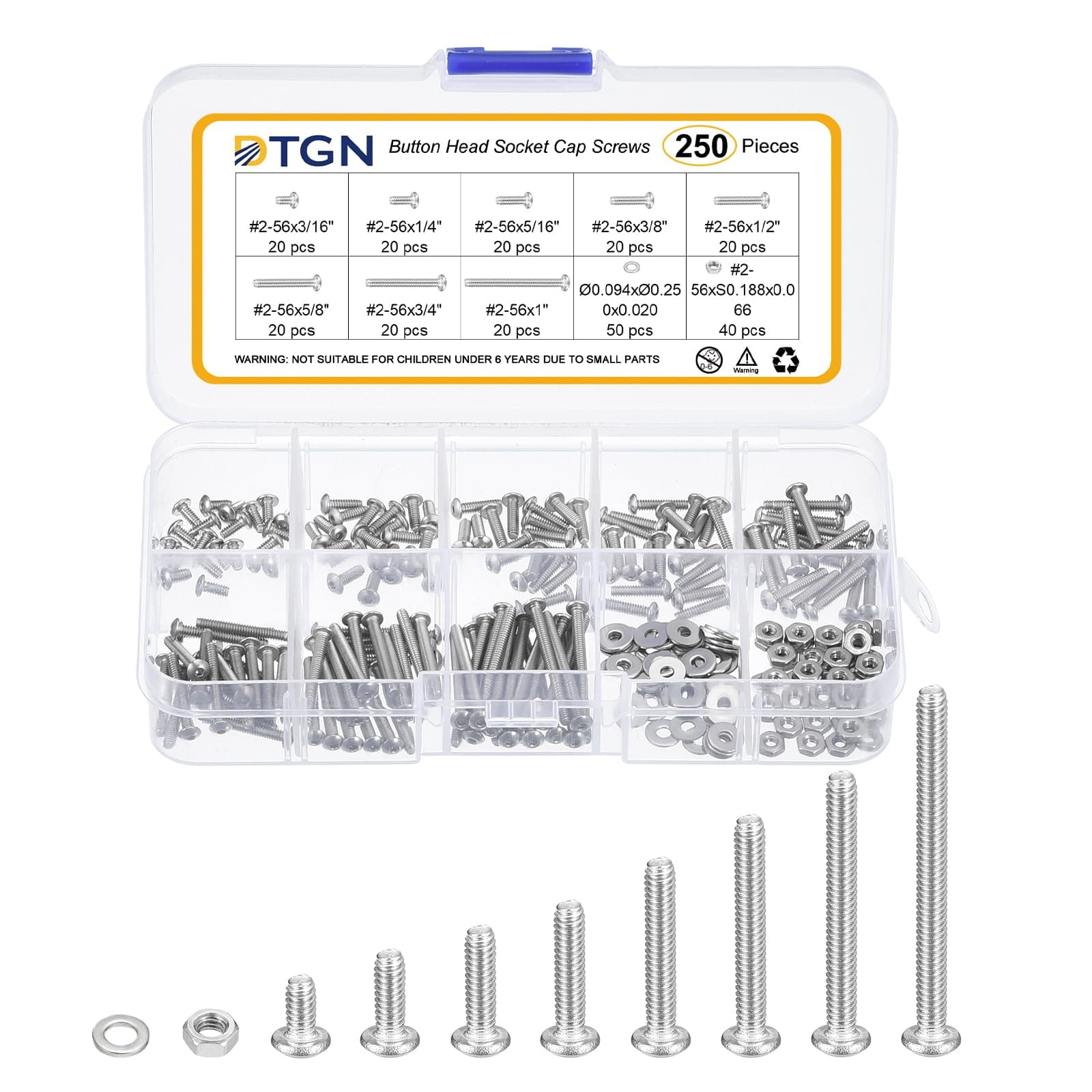DTGN 250Pcs #2-56x3/16 to 1" Button Head Socket Cap Screws-304 SS