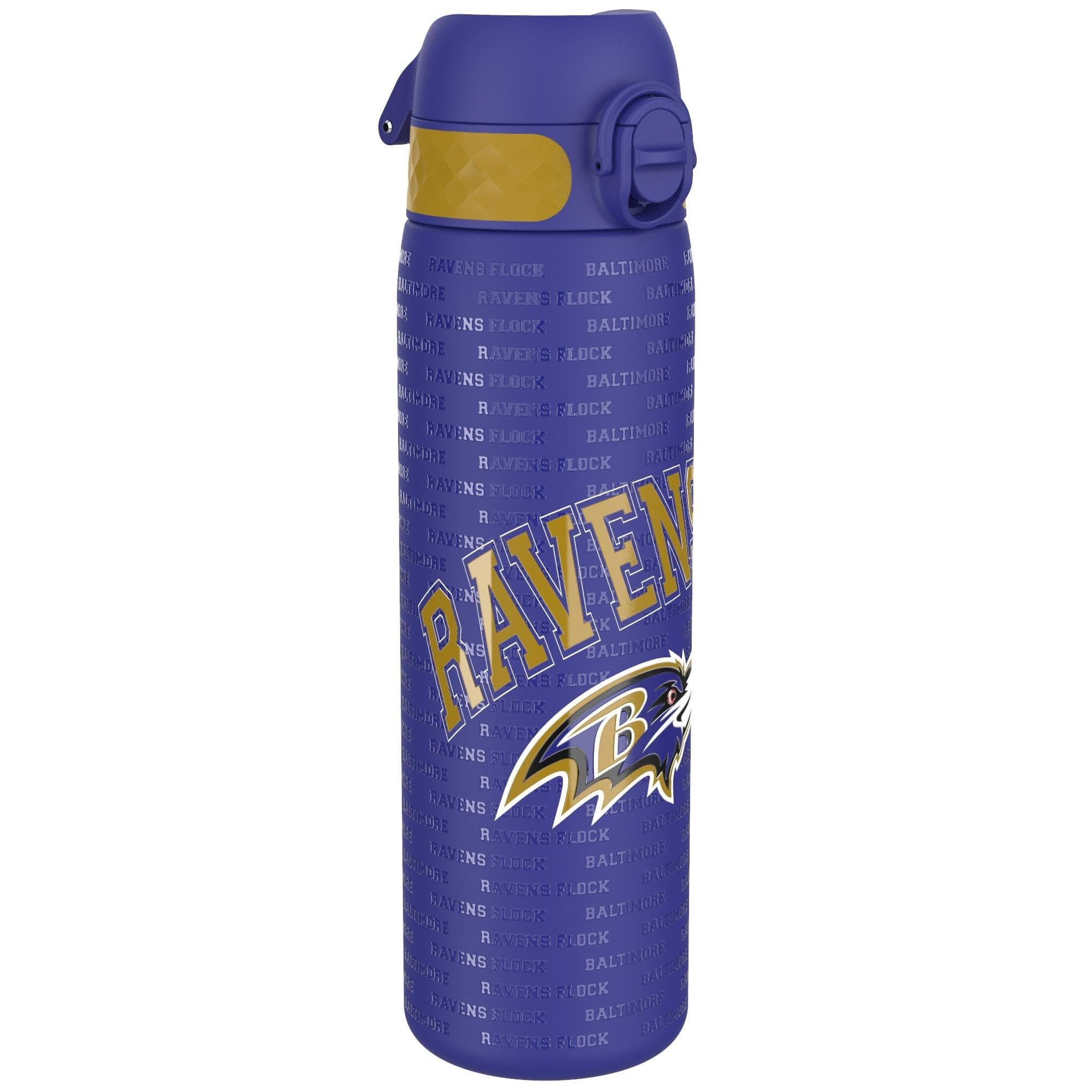 Ion8 NFL Baltimore Ravens Lightweight Steel Water Bottle, 600 ml/20 oz, Non-Insulated, Leak Proof, Easy to Open, Secure Lock, Dishwasher Safe, Flip Cover, Fits Cup Holders, Metal Water Bottle