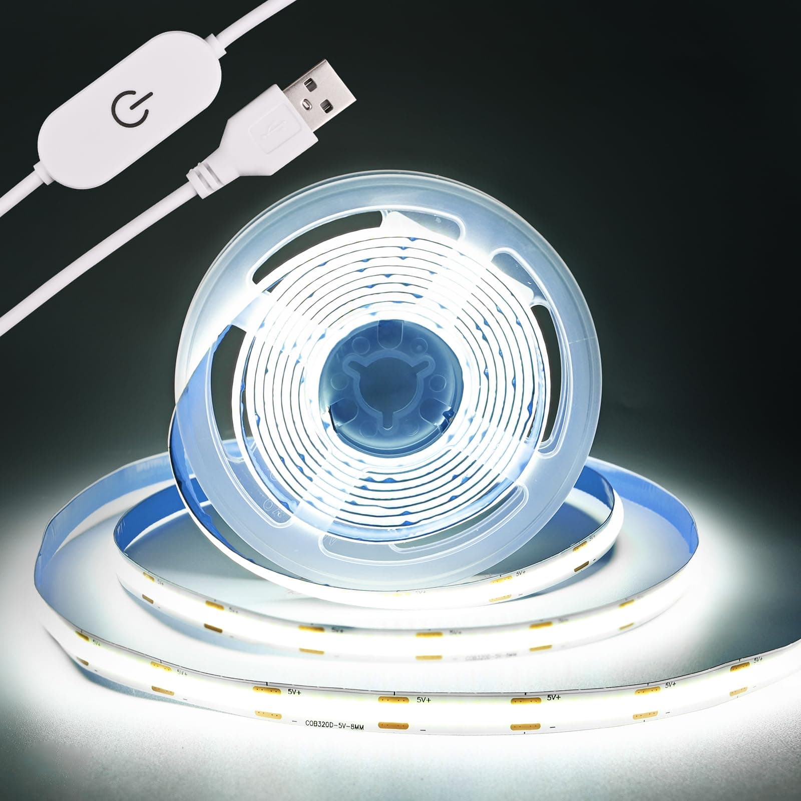 TUNICHX COB LED Strip Light 5V USB Tape 320LED/m Dimmable LED Strip Light USB TV Backlight Flexible Under Cabinet Tape Light for Bedroom,Kitchen,Home DIY Lighting (6500K, 9.84FT)
