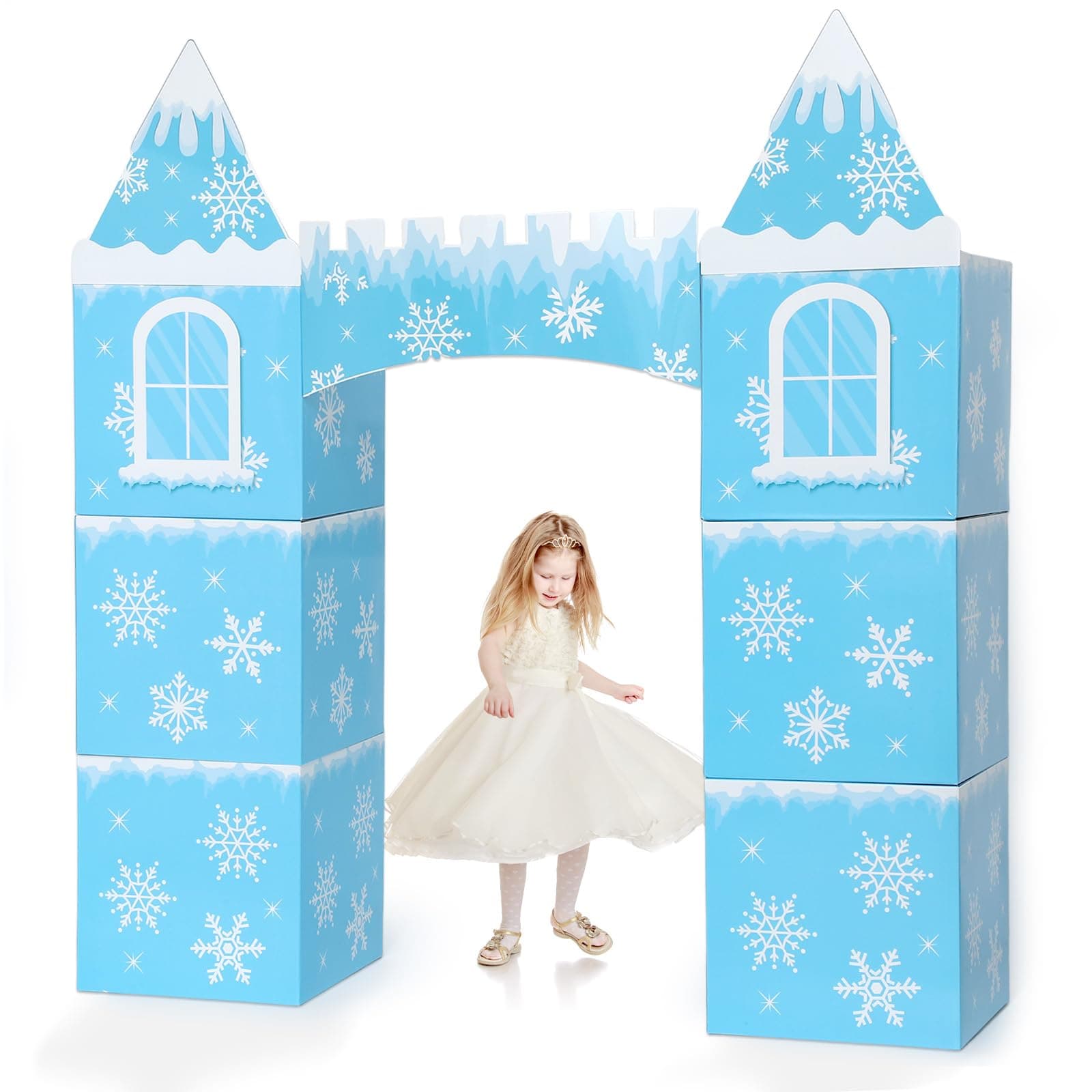 9 Pcs Large Winter Cardboard Castle Playhouse Snowflake Party Cardboard Princess Castle Decorations Winter Wonderland Princess Fort for Birthday Kid Girl Trunk or Treat Car Boxes Kit
