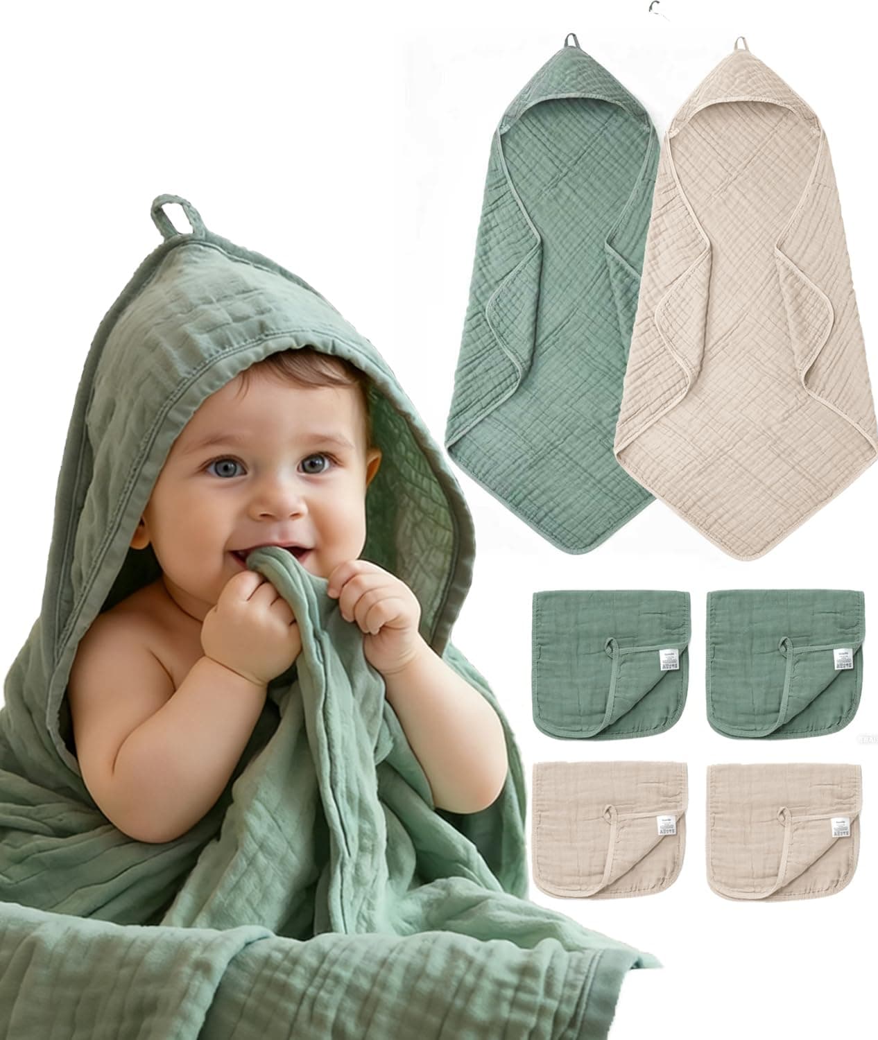 FAVERDIIY 6 PCS Baby Towels and Washcloths Set, 2 PCS Baby Hooded Towels & 4 PCS Washcloths Set, Ultra Soft & Highly Absorbent Bath Bath Towel for Newborn, Infant & Toddler, Shower Gifts Essentials