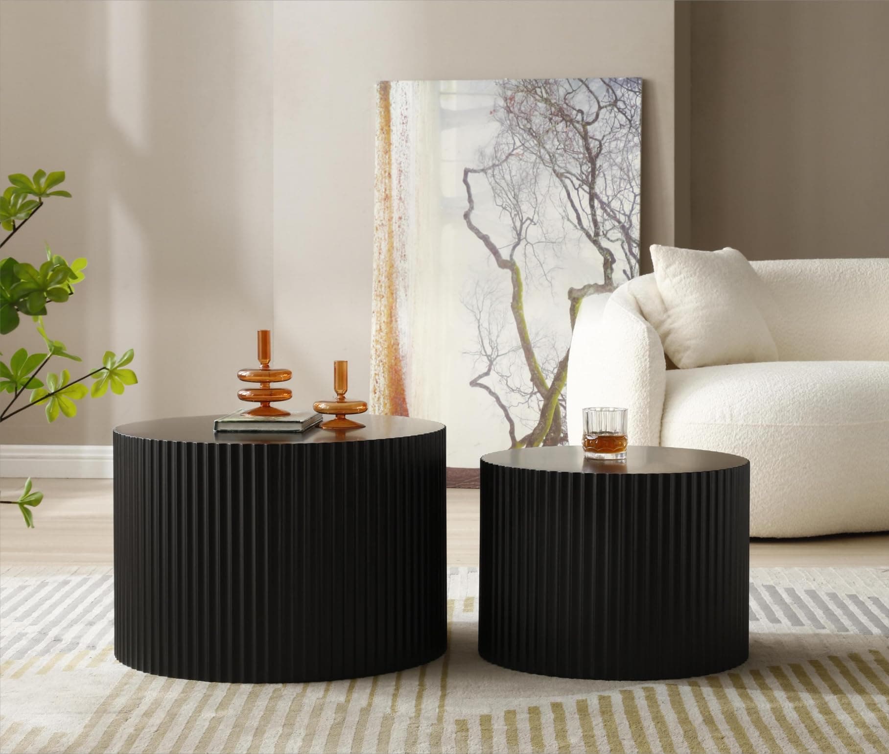 HMFULE Nesting Coffee Table Set of 2 Round Wooden Coffee Tables Cocktail Table End Table Drum Coffee Table for Living Room Matte Black