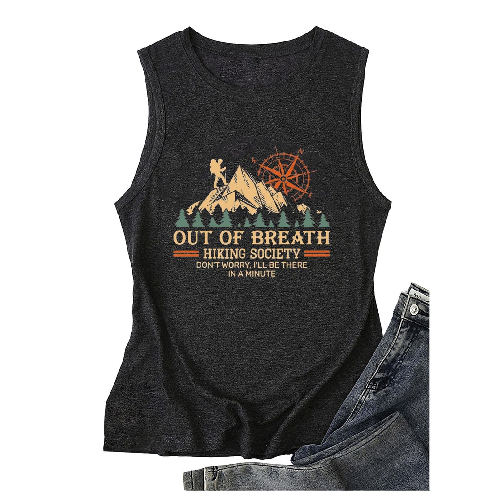 GAQEUWR Out of Breath Hiking Society Shirt Hiker Nature Women's T-Shirt Short Sleeve Crewneck Graphic Tees Summer Tops, Tank Top-dark Grey, X-Large