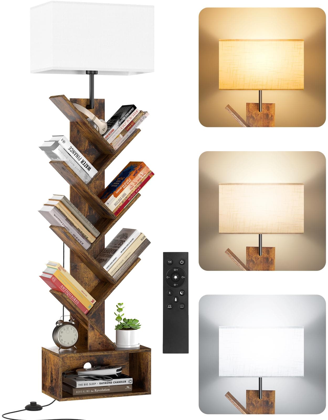 OUTONLIFE 6 Tier Tree Bookshelf with Light & Remote, Dimmable Tall Floor Standing Book Shelf, Narrow Wood Bookcase for Books/CDs, Small Book Organizer Shelves for Bedroom, Living Room, Office