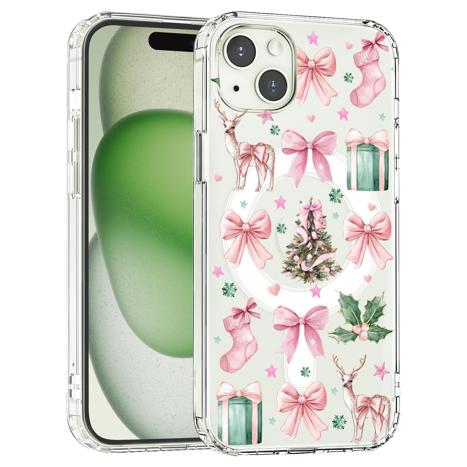 AdorableWhimsy Christmas Phone Case for iPhone 15 Pro - Compatible with MagSafe Cute Cartoon Xmas Tree Elk Pink Bow Clear Magnetic Case Shockproof Anti-Scratch Protective Phone Cover
