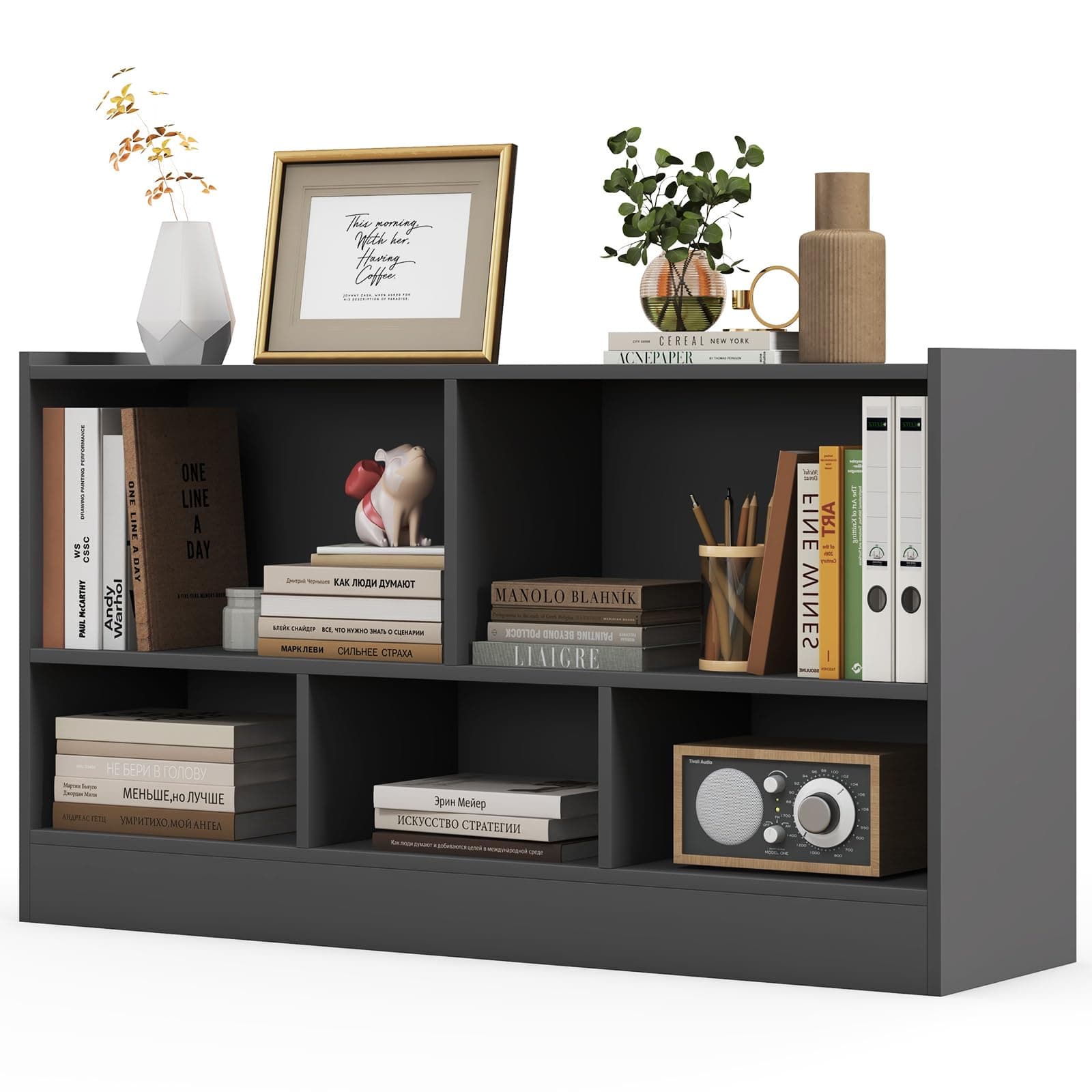 LOKO 2 Tier 5 Cube Bookcase, Open Shelf Storage Cabinet, Wooden Display Cabinet Shelf, Multipurpose Bookshelf for Living Room, Bedroom, Hallway, Home Office, Classroom (Grey)
