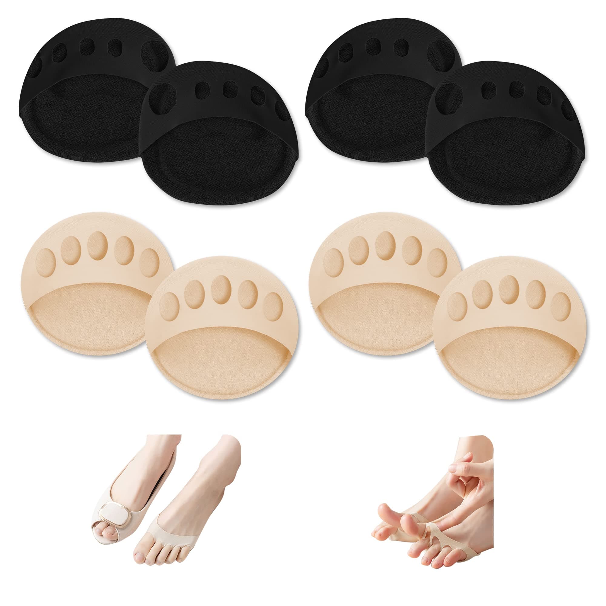 JEVRKAPZ Forefoot Pads: Metatarsal Forefoot Pads for Women & Men, High Heels Shoes, Honeycomb Fabric, Soft Ball of Foot Cushion Pads, Invisible Toe Socks, Black & Beige, 4 Count