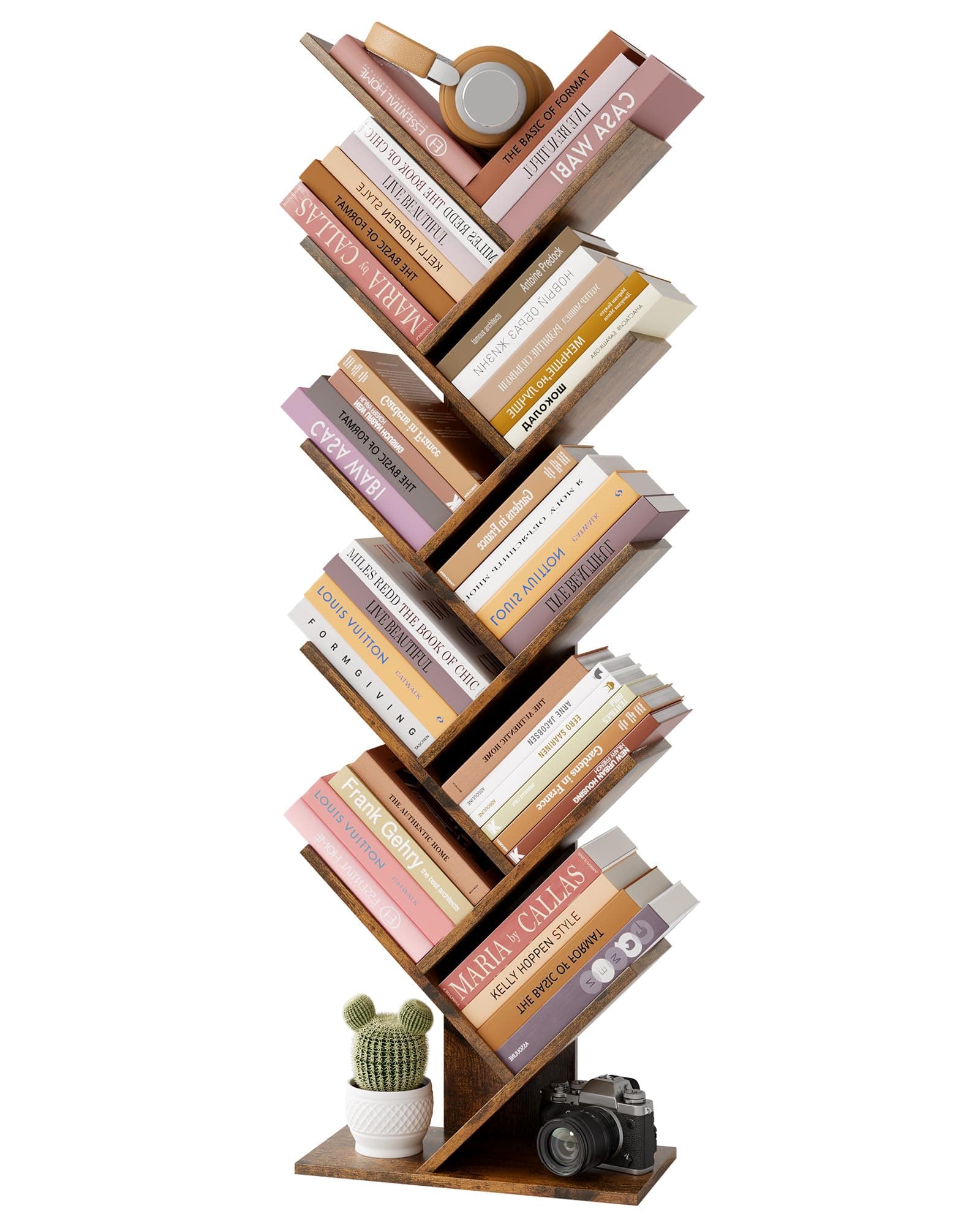 Hoctieon 10 Tier Tree Bookshelf, 10 Shelf Bookcase, Free Standing Tree Bookcase, Display Floor Standing Shelf for Books, Book Organizer Shelves for Home Office, Living Room, Bedroom, Rustic Brown