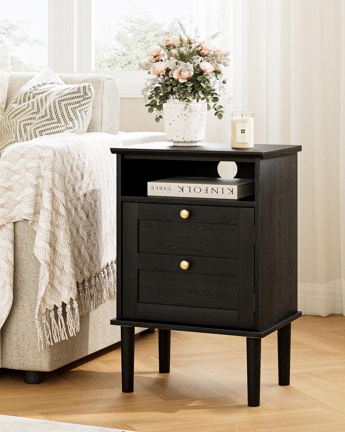 Apetaccat Nightstand, Farmhouse Night Stand, Mid Century Modern Side Accent Table with Open Shelf, Wooden Top Bedside End Table for Bedroom, Living Room, Black