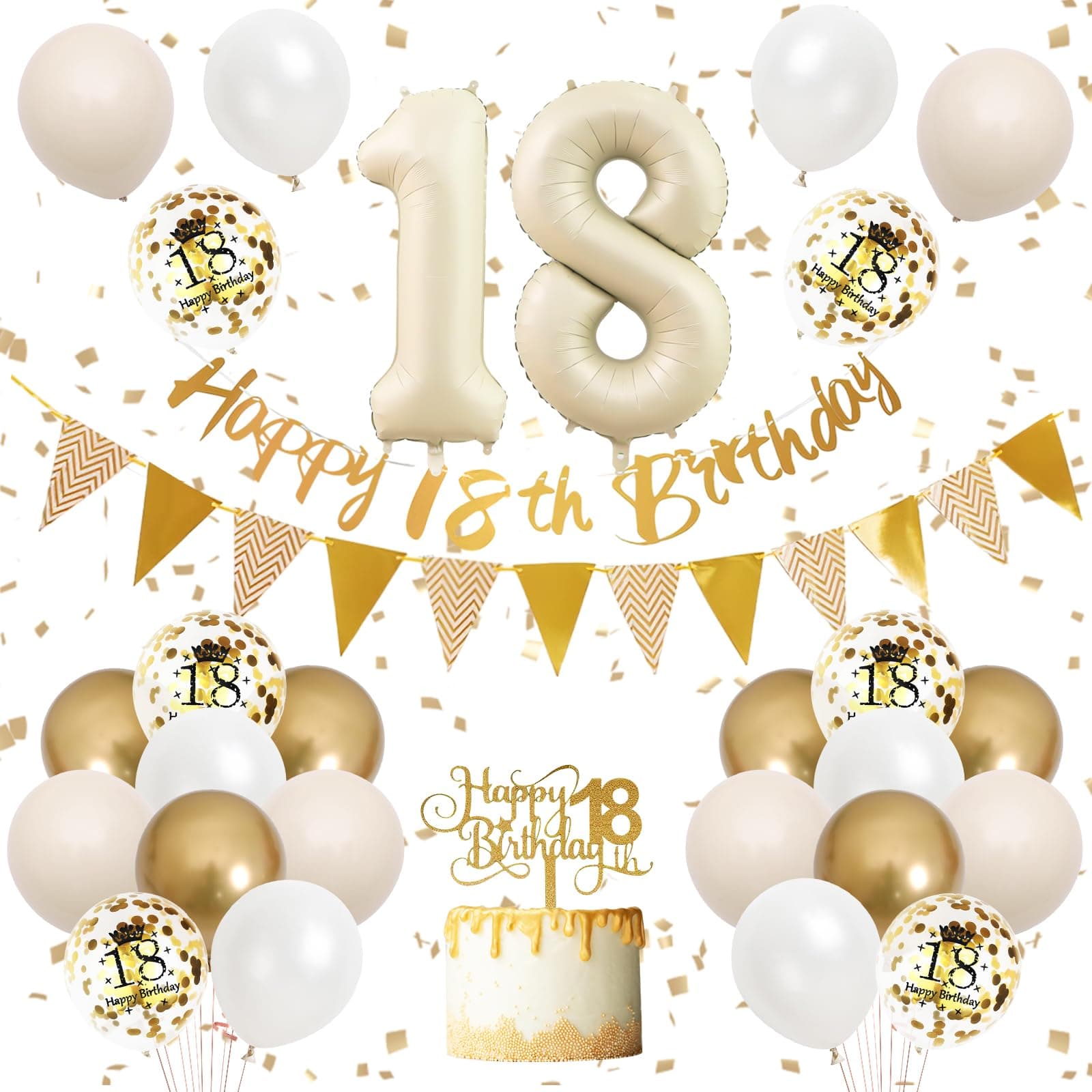 18th Birthday Decorations Sand White Gold Balloons, Beige Gold, Happy Birthday Banner with Cake Topper Number 18 for Girls Boys Party